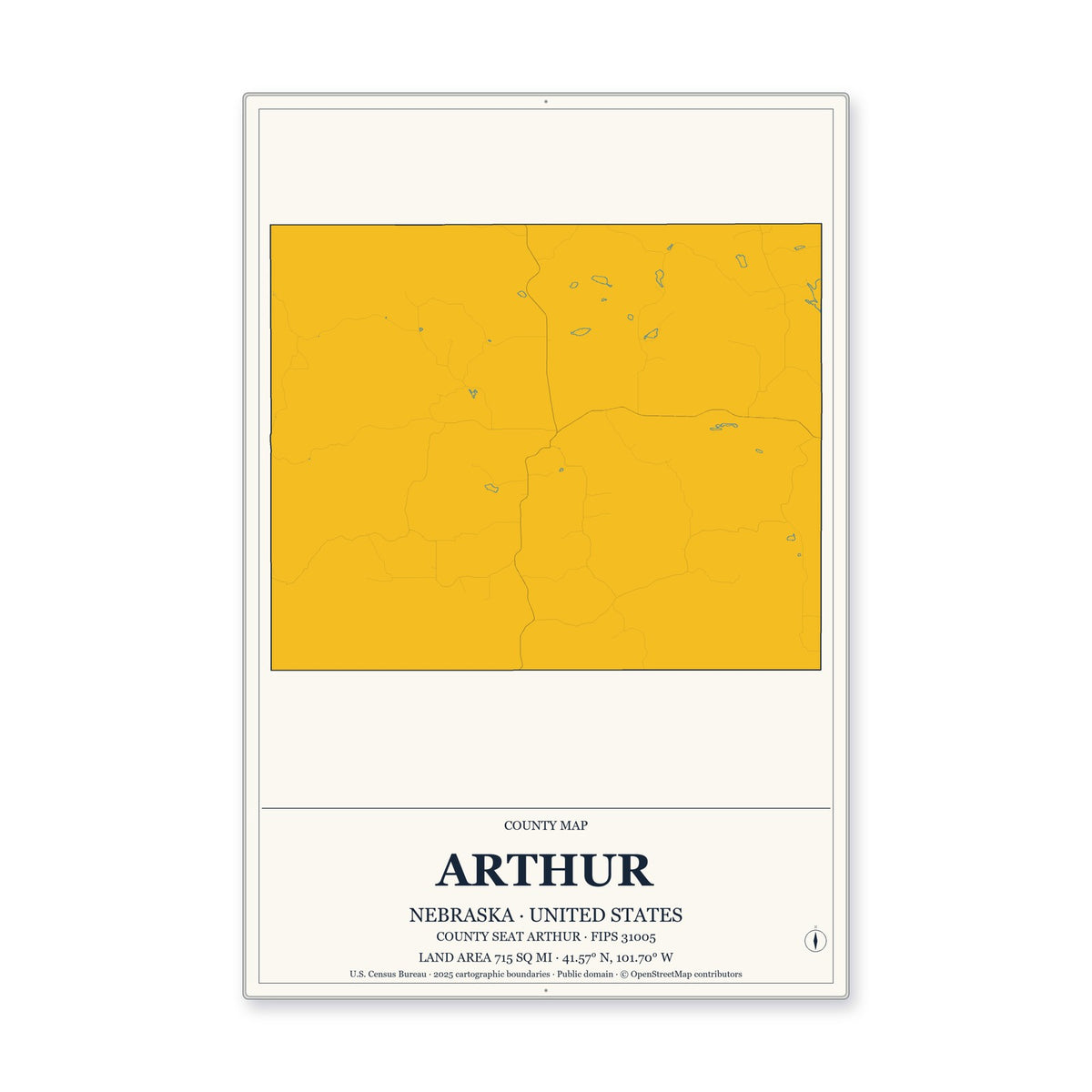 Arthur County, Nebraska Map Aluminum Sign in Citrine Modern style