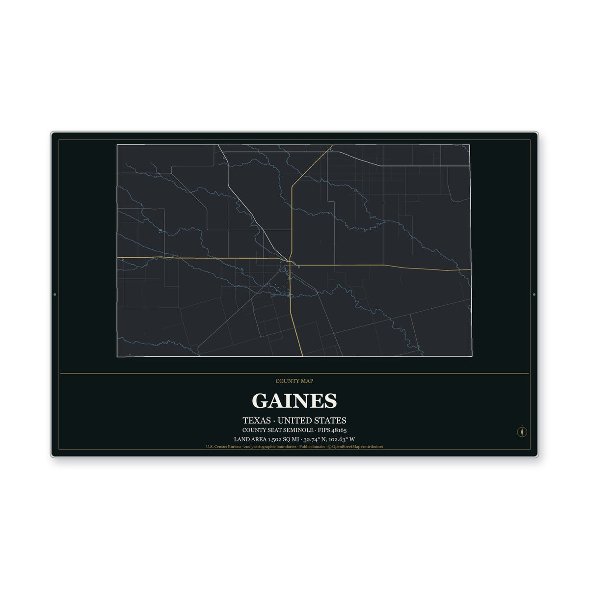 Gaines County, Texas Map Aluminum Sign in Metropolitan Noir style