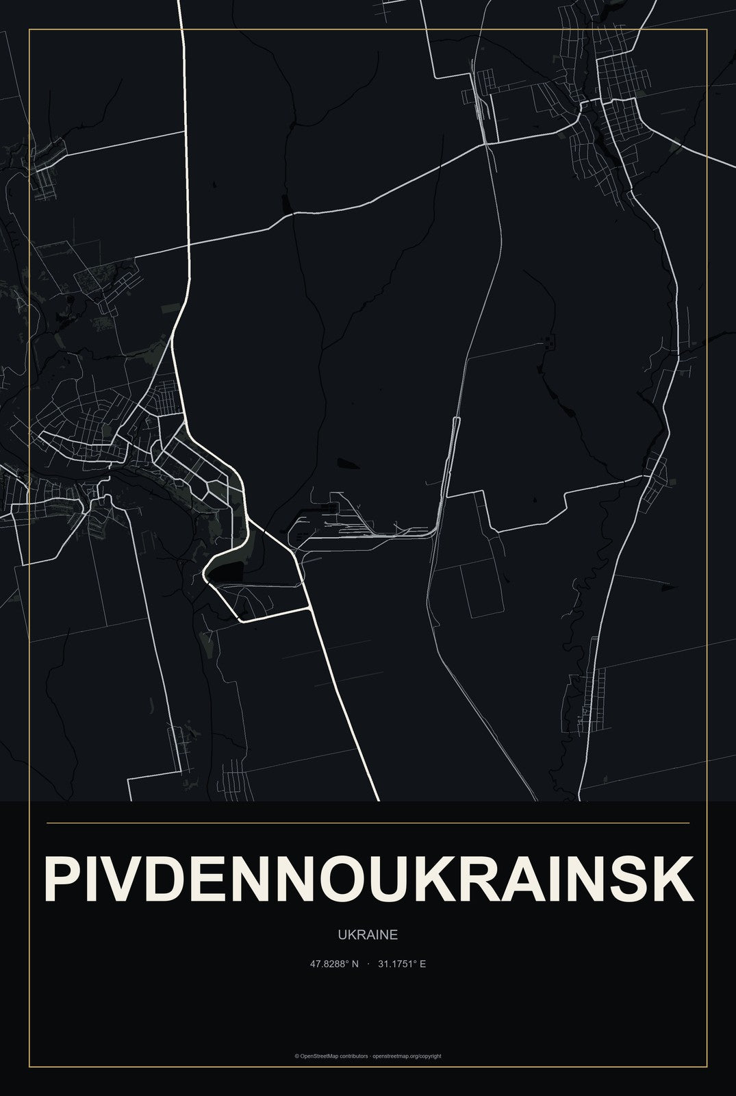 Pivdennoukrainsk, Ukraine City Map Aluminum Sign in Metropolitan Noir style