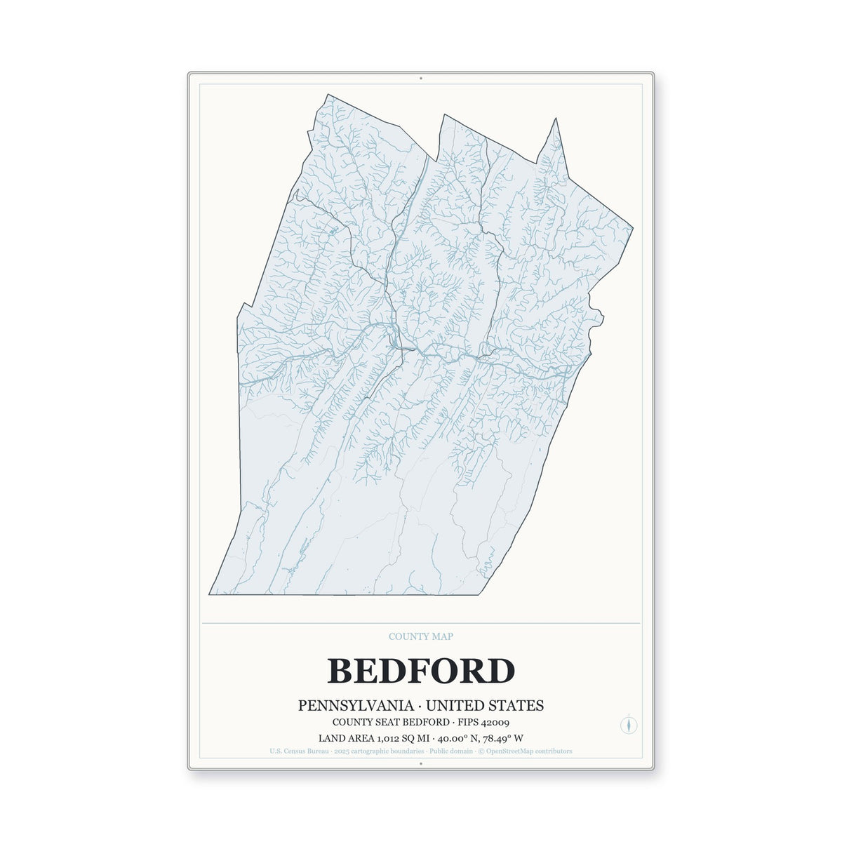 Bedford County, Pennsylvania Map Aluminum Sign in Gallery Air style