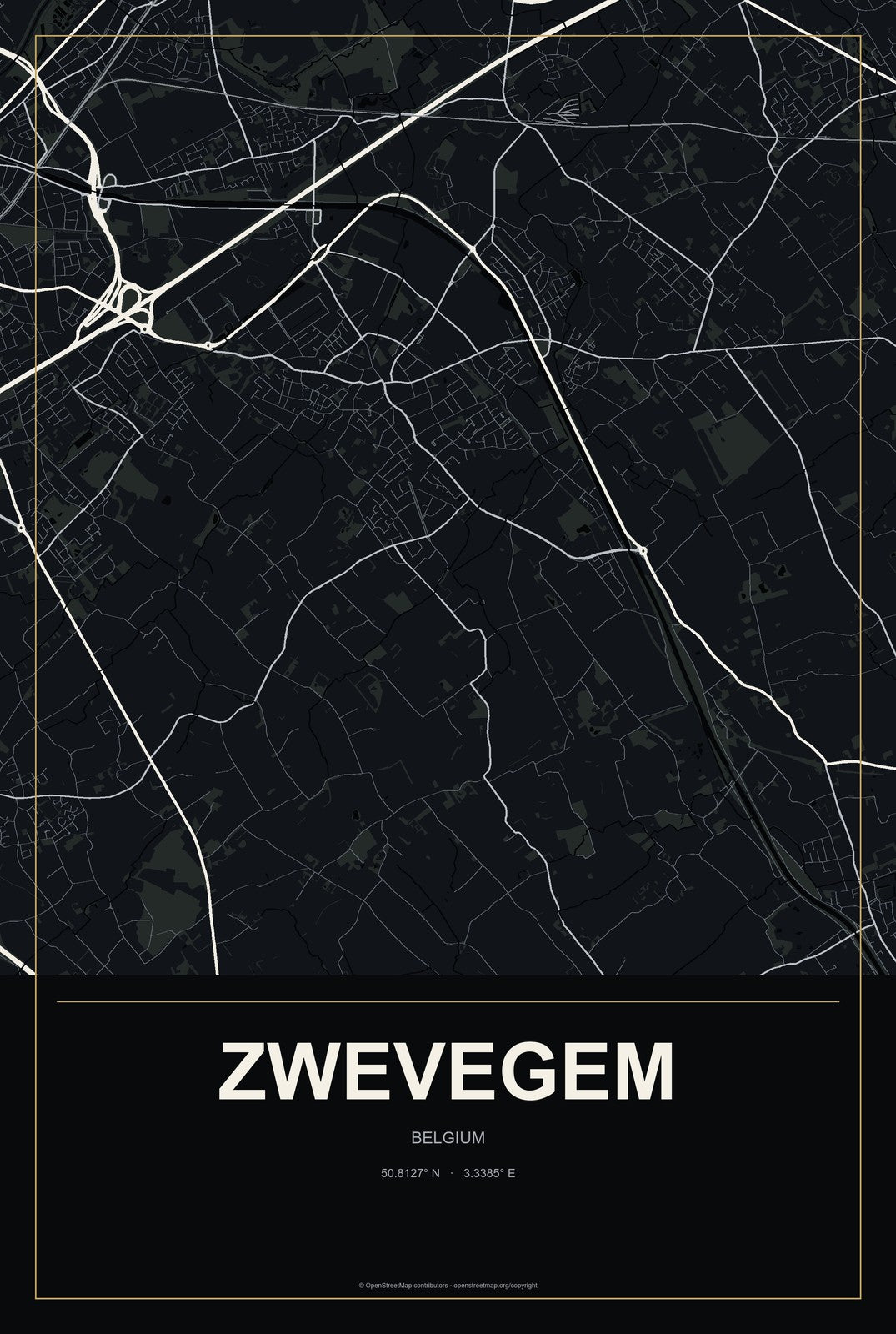 Zwevegem, Belgium City Map Aluminum Sign in Metropolitan Noir style