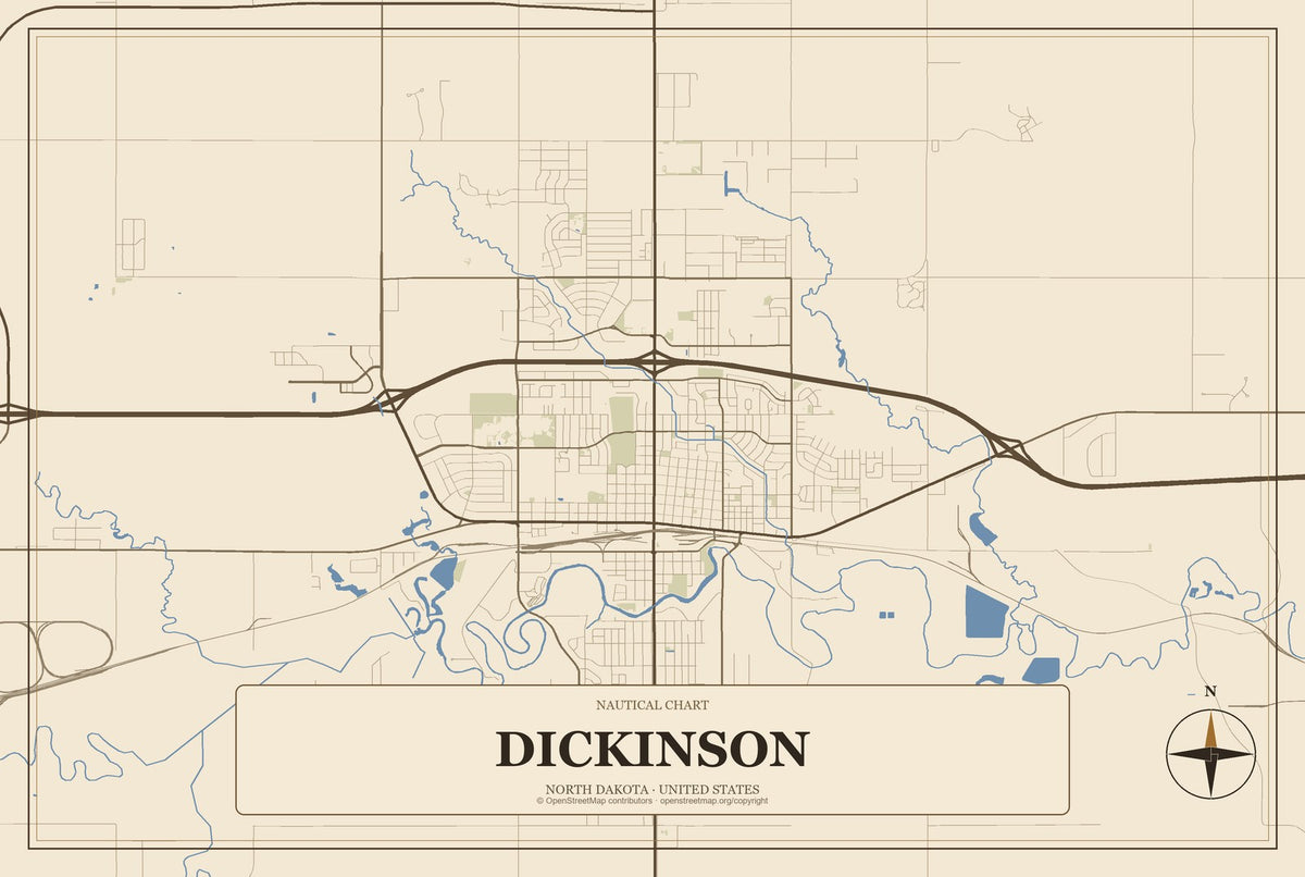 Dickinson, North Dakota City Map Aluminum Sign in Heritage Nautical style