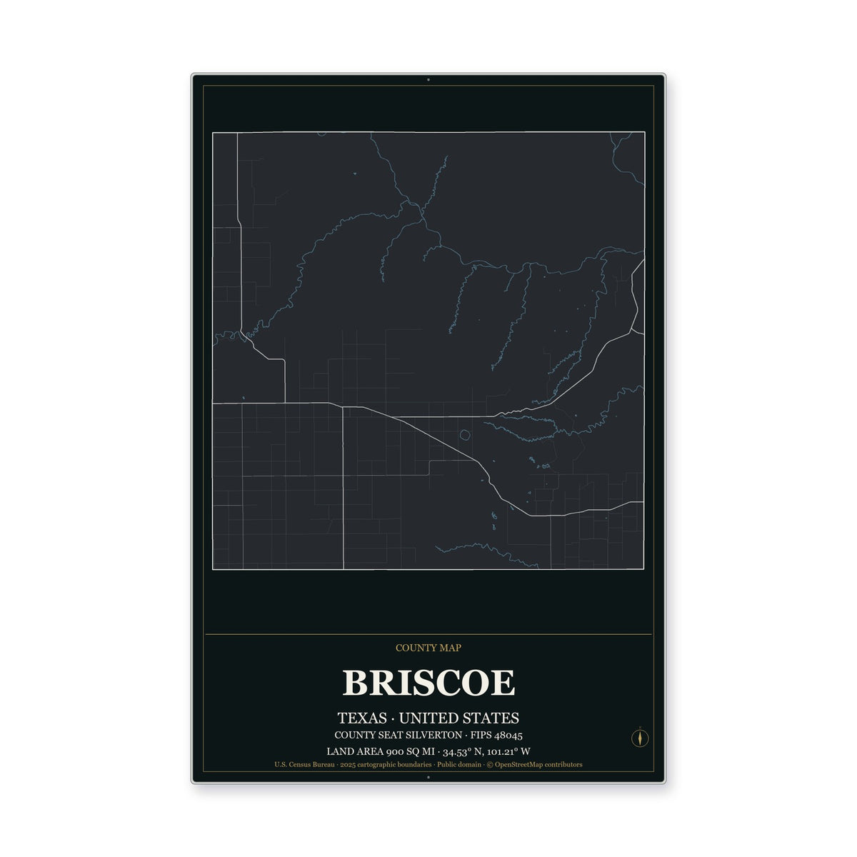 Briscoe County, Texas Map Aluminum Sign in Metropolitan Noir style
