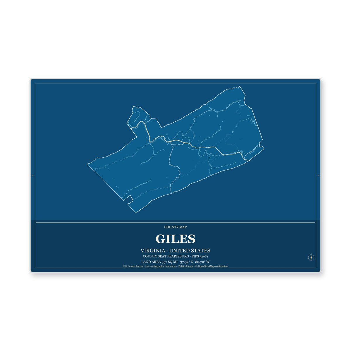 Giles County, Virginia Map Aluminum Sign in Harbor Cobalt style