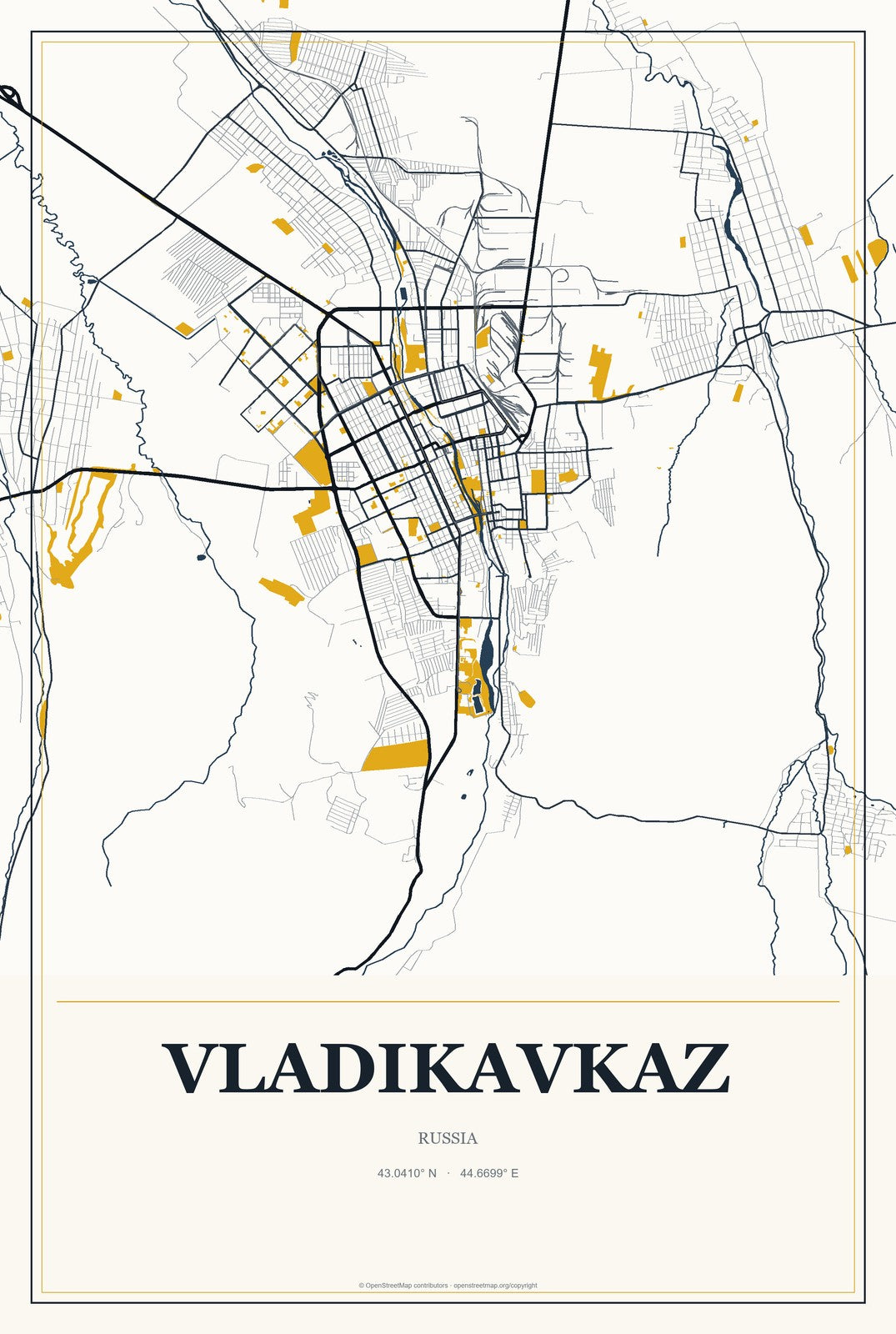 Vladikavkaz, Russia City Map Aluminum Sign in Citrine Modern style