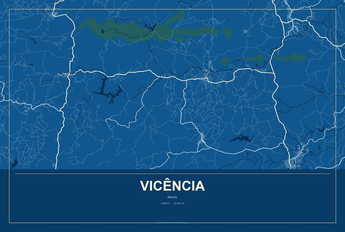 Vicência, Brazil City Map Aluminum Sign in Harbor Cobalt style