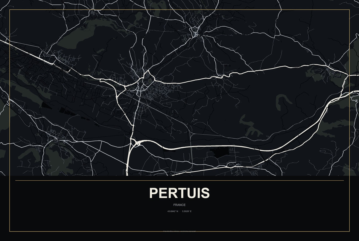 Pertuis, France City Map Aluminum Sign in Metropolitan Noir style