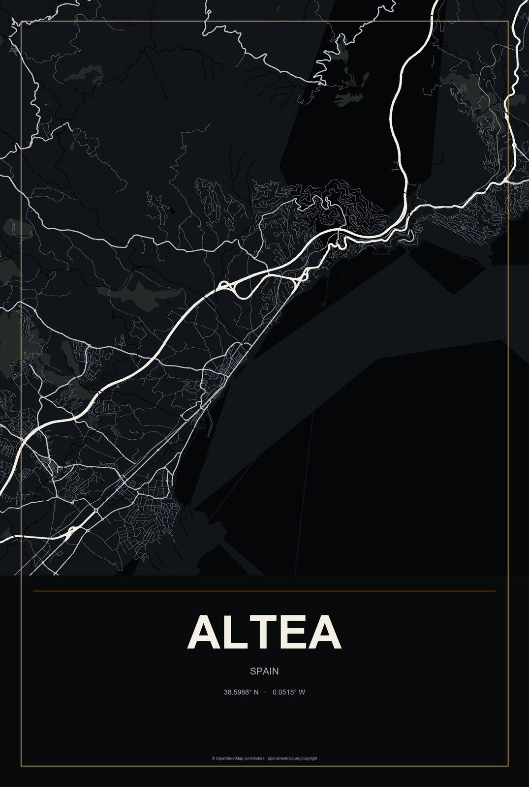 Altea, Spain City Map Aluminum Sign in Metropolitan Noir style