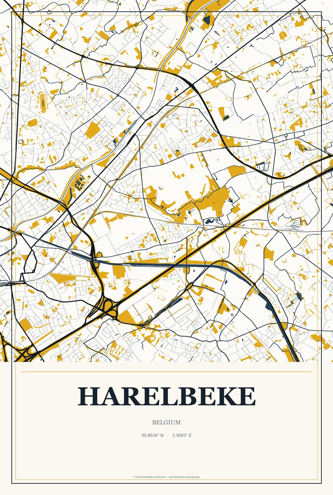 Harelbeke, Belgium City Map Aluminum Sign in Citrine Modern style