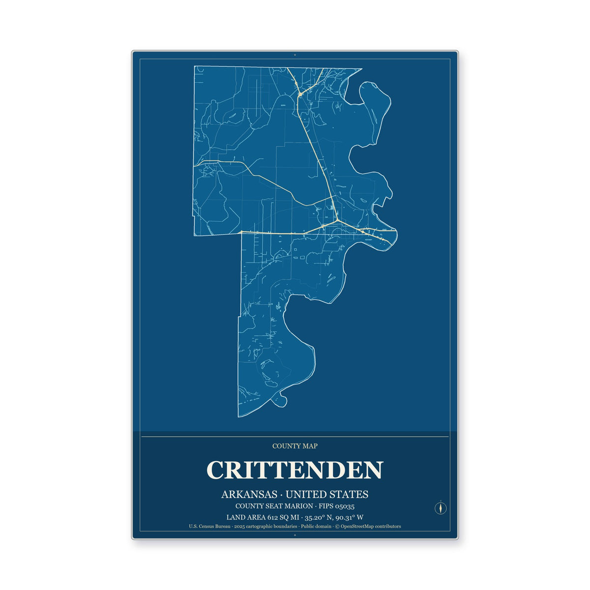 Crittenden County, Arkansas Map Aluminum Sign in Harbor Cobalt style
