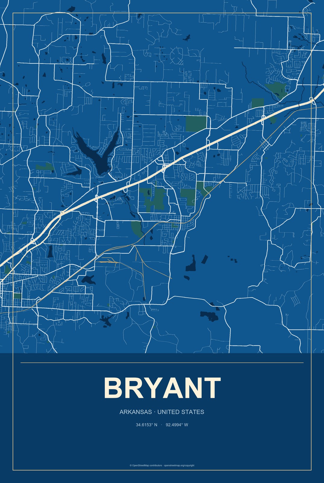 Bryant, Arkansas City Map Aluminum Sign in Harbor Cobalt style
