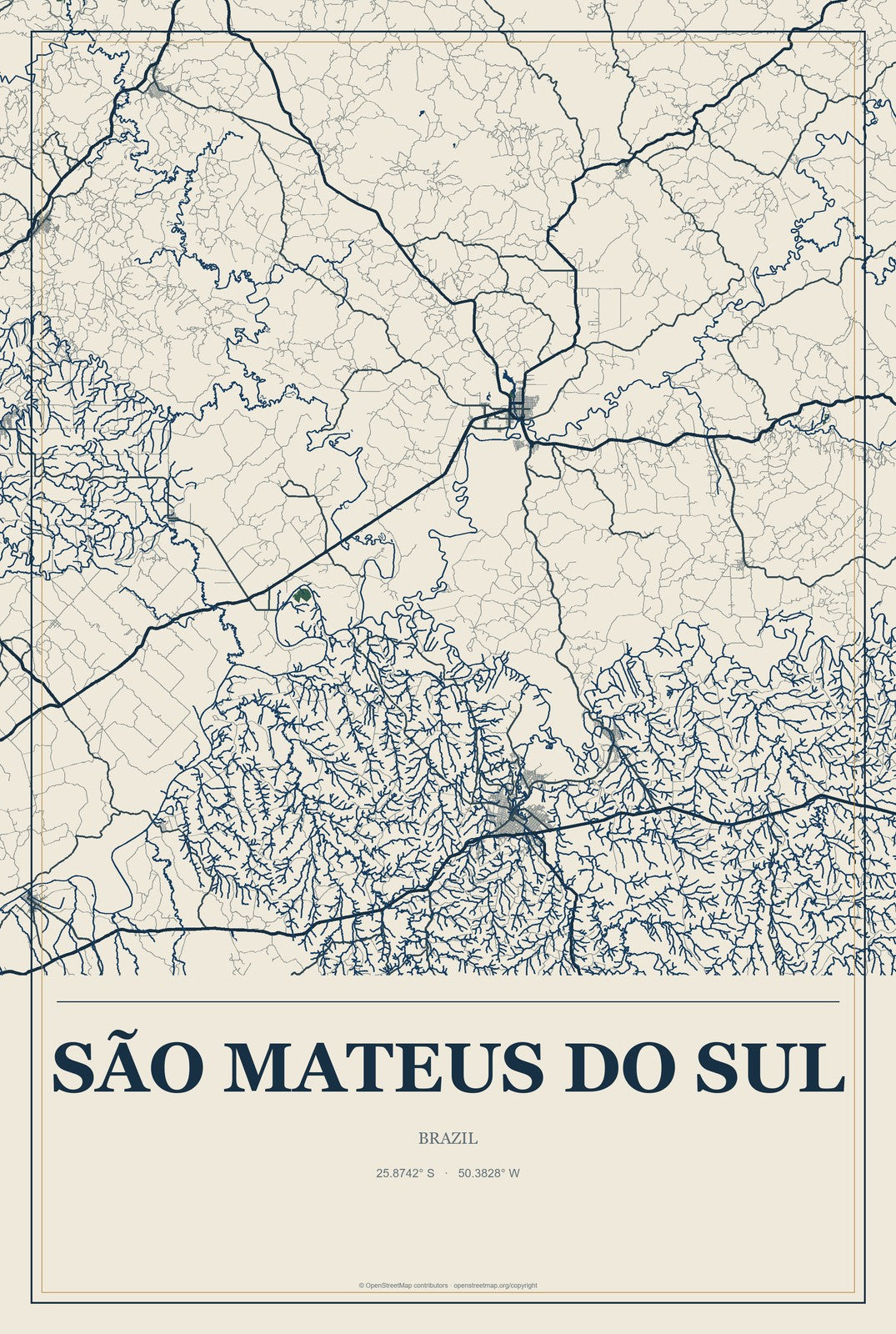 São Mateus do Sul, Brazil City Map Aluminum Sign in Coastal Cutout style