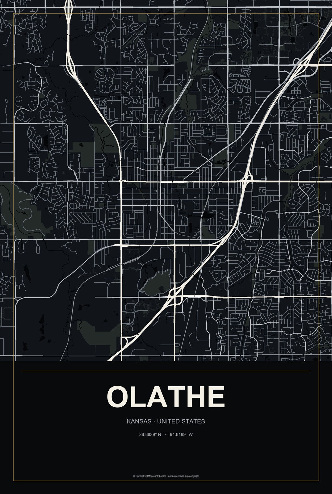 Olathe, Kansas City Map Aluminum Sign in Metropolitan Noir style