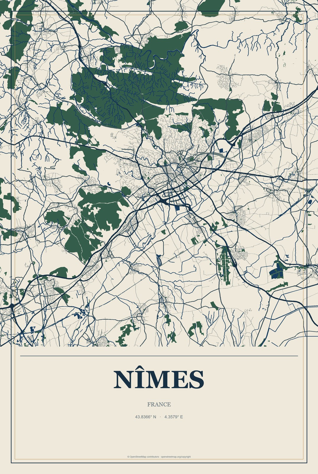 Nîmes, France City Map Aluminum Sign in Coastal Cutout style