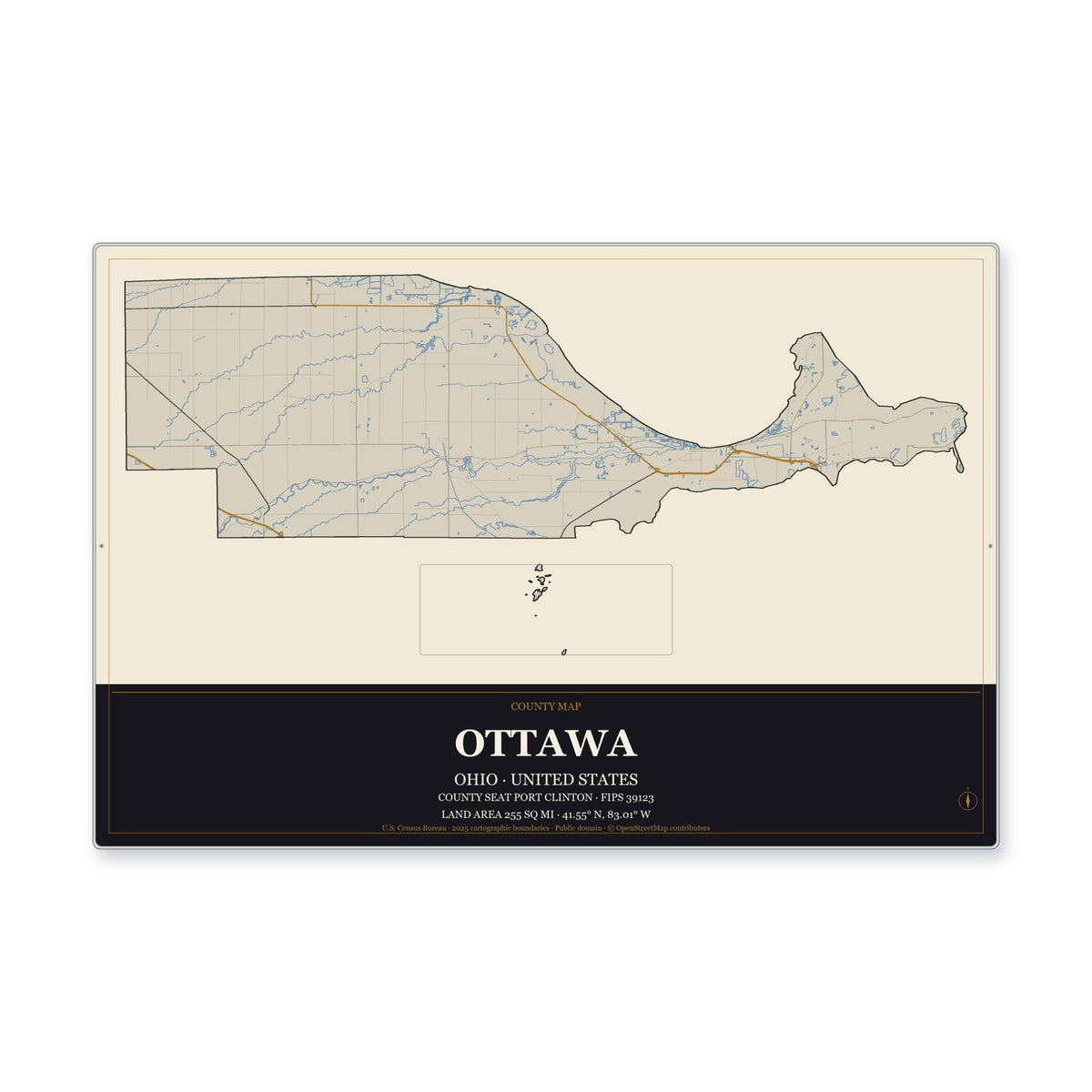 Ottawa County, Ohio Map Aluminum Sign in Museum Plaque style