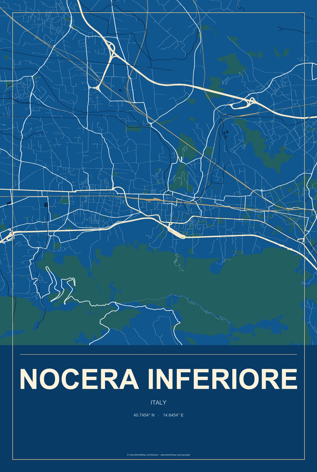 Nocera Inferiore, Italy City Map Aluminum Sign in Harbor Cobalt style
