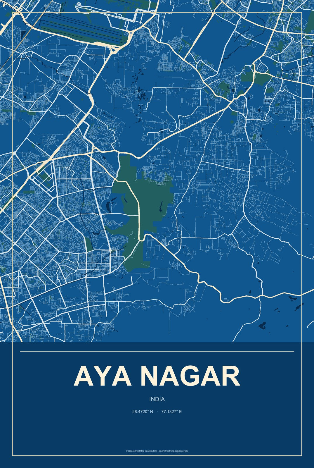 Aya Nagar, India City Map Aluminum Sign in Harbor Cobalt style