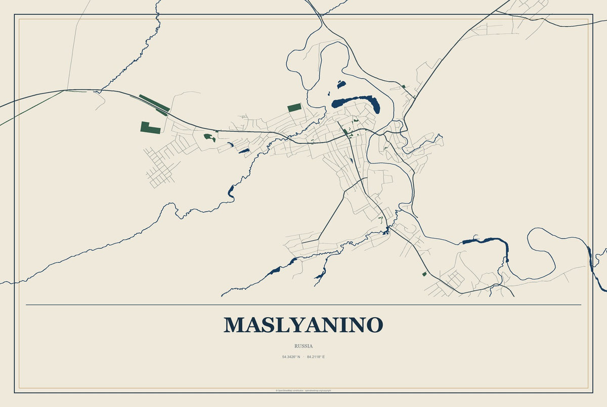 Maslyanino, Russia City Map Aluminum Sign in Coastal Cutout style