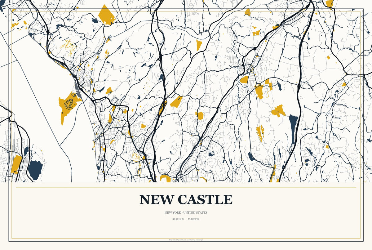 New Castle, New York City Map Aluminum Sign in Citrine Modern style