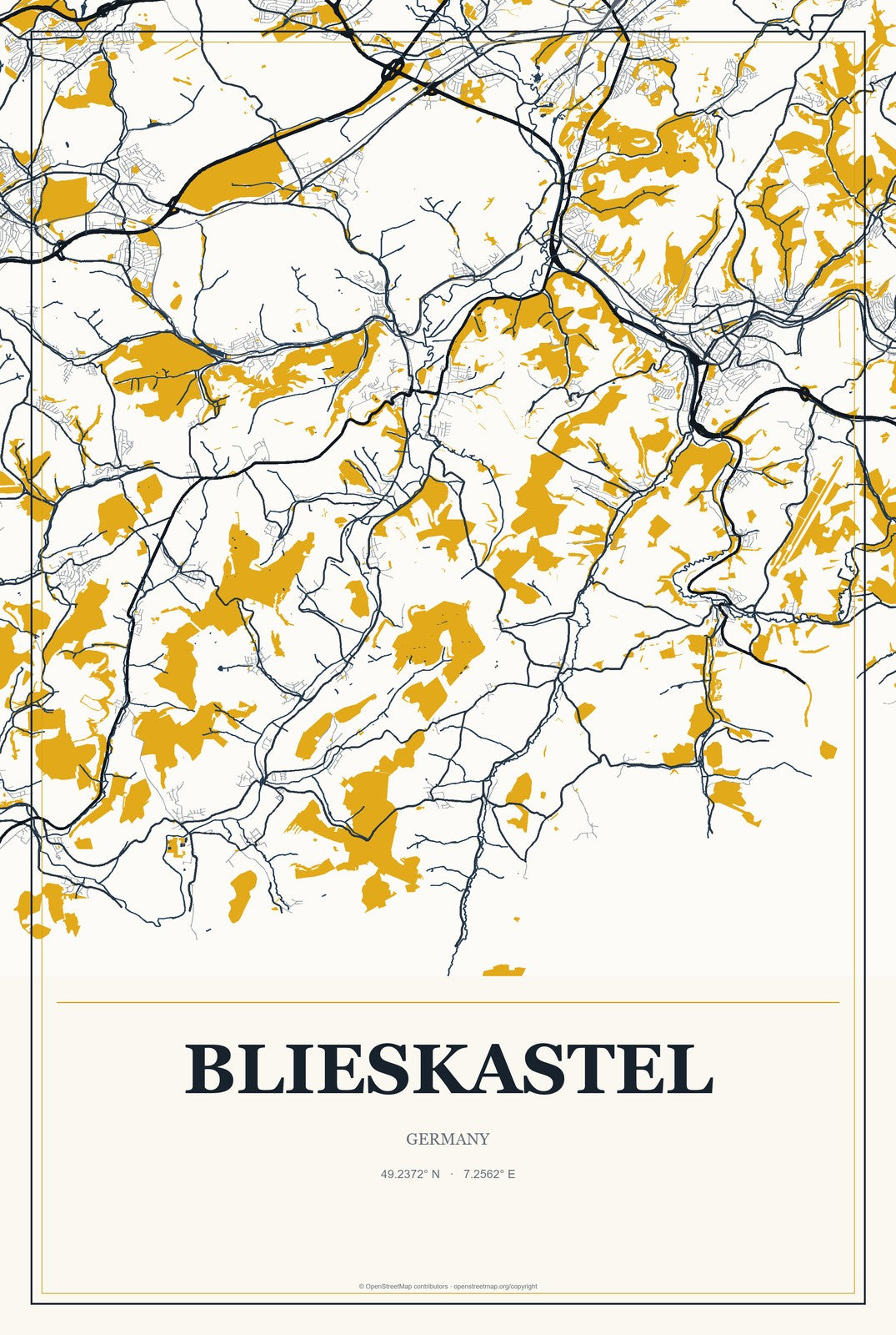 Blieskastel, Germany City Map Aluminum Sign in Citrine Modern style