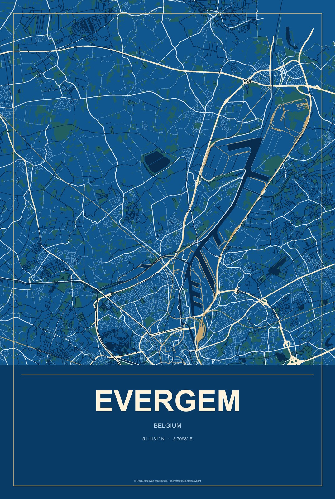Evergem, Belgium City Map Aluminum Sign in Harbor Cobalt style
