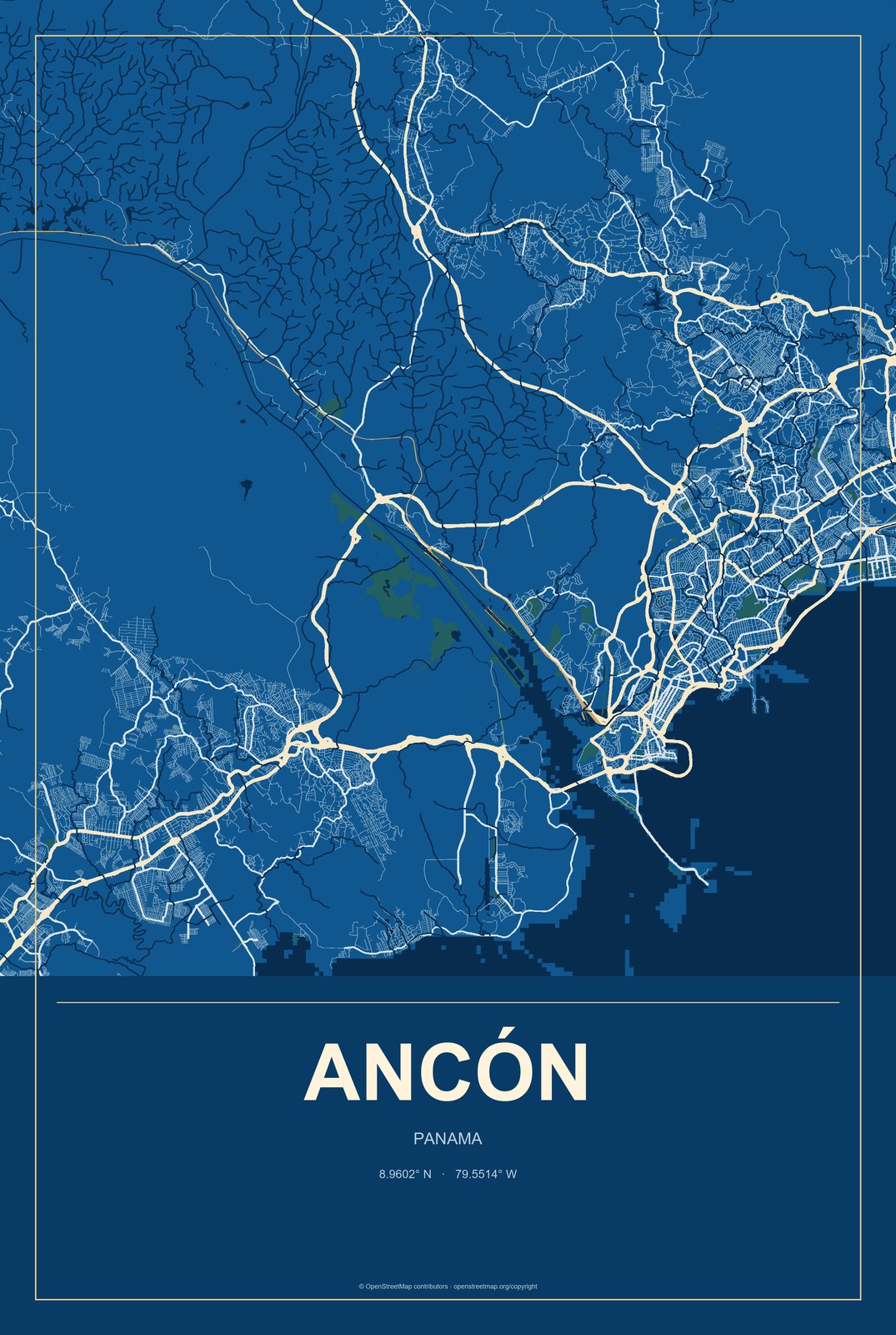 Ancón, Panama City Map Aluminum Sign in Harbor Cobalt style