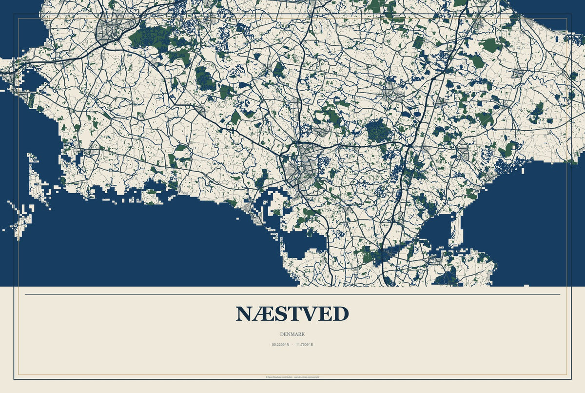 Næstved, Denmark City Map Aluminum Sign in Coastal Cutout style