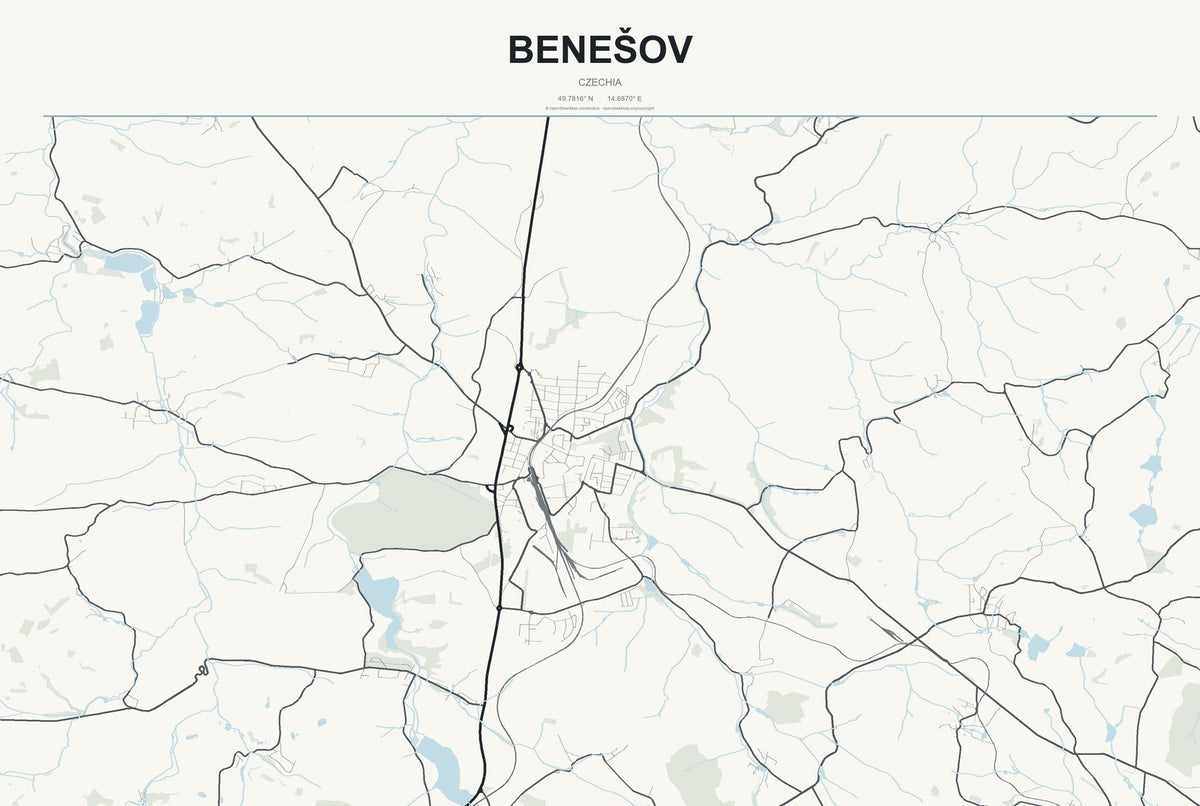 Benešov, Czechia City Map Aluminum Sign in Headline Atlas style