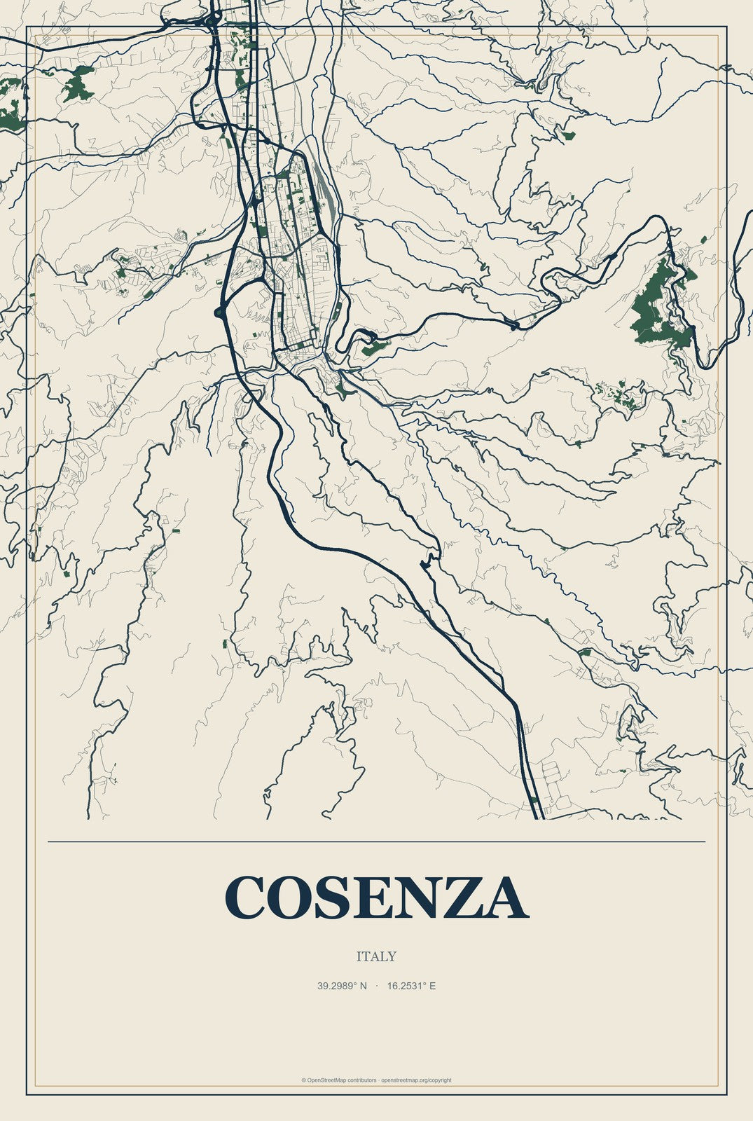 Cosenza, Italy City Map Aluminum Sign in Coastal Cutout style