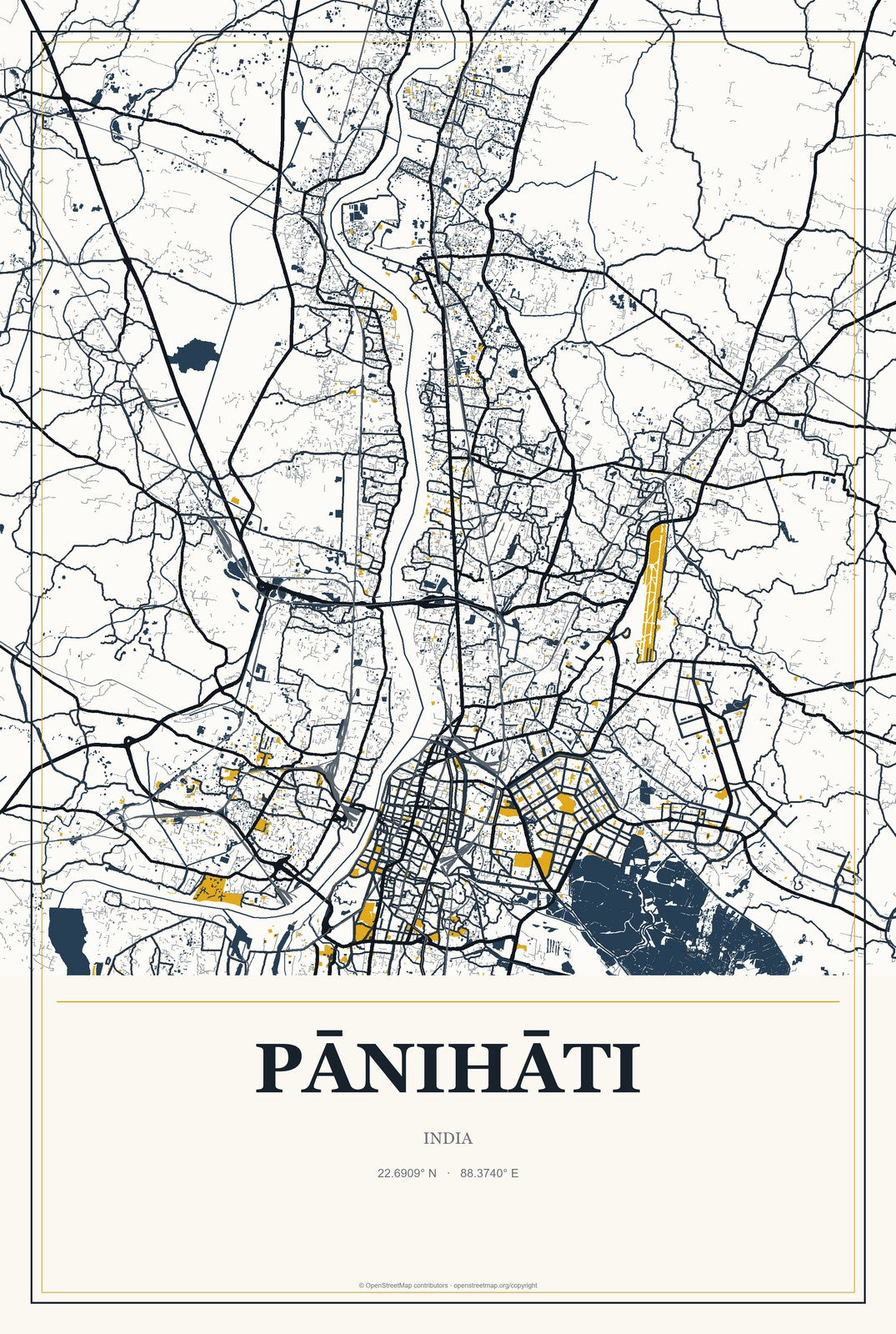 Pānihāti, India City Map Aluminum Sign in Citrine Modern style