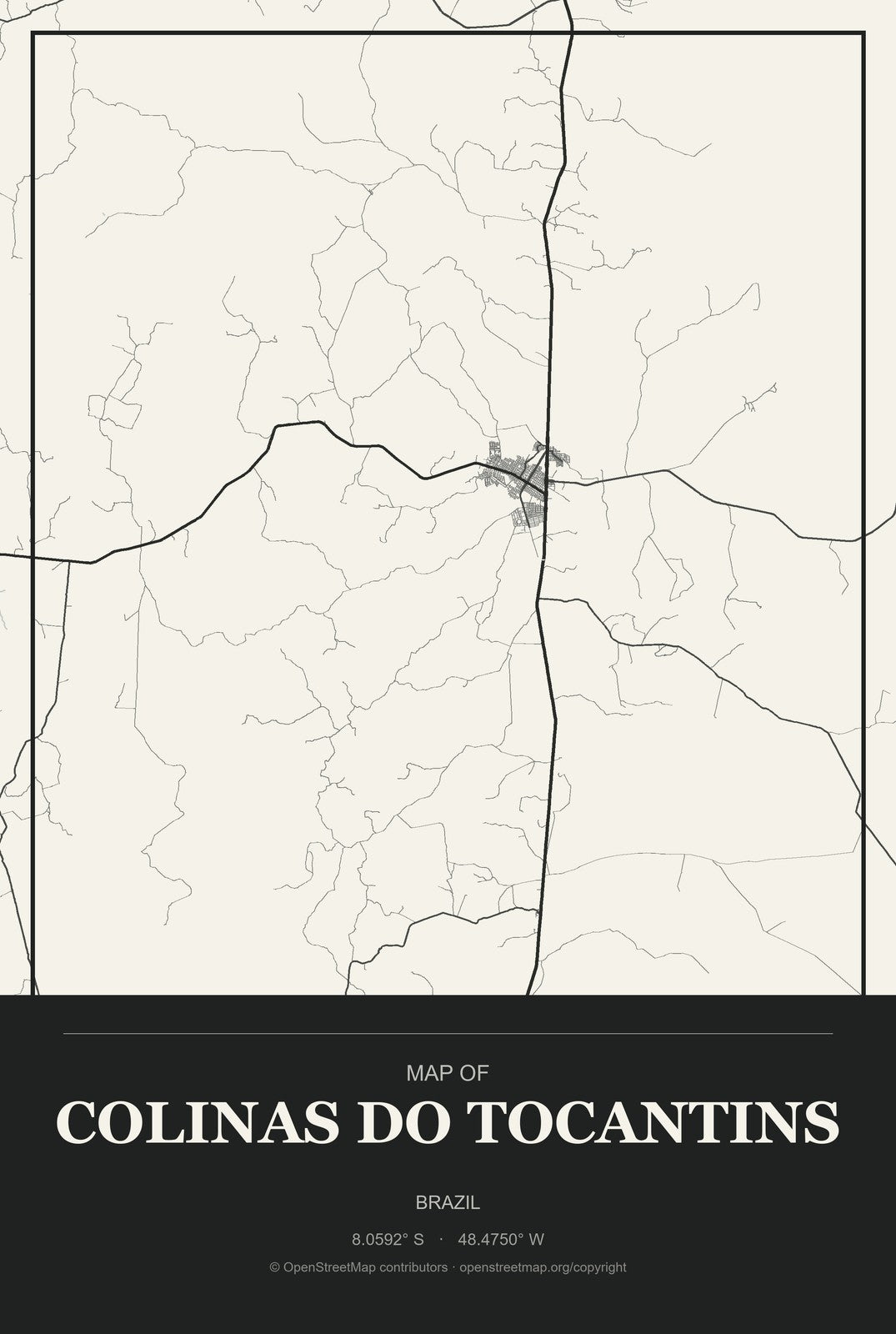 Colinas do Tocantins, Brazil City Map Aluminum Sign in Museum Plaque style