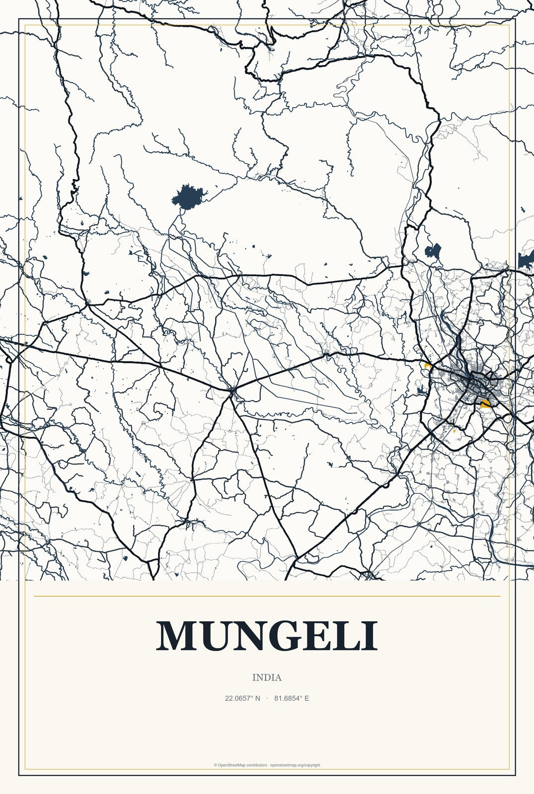 Mungeli, India City Map Aluminum Sign in Citrine Modern style