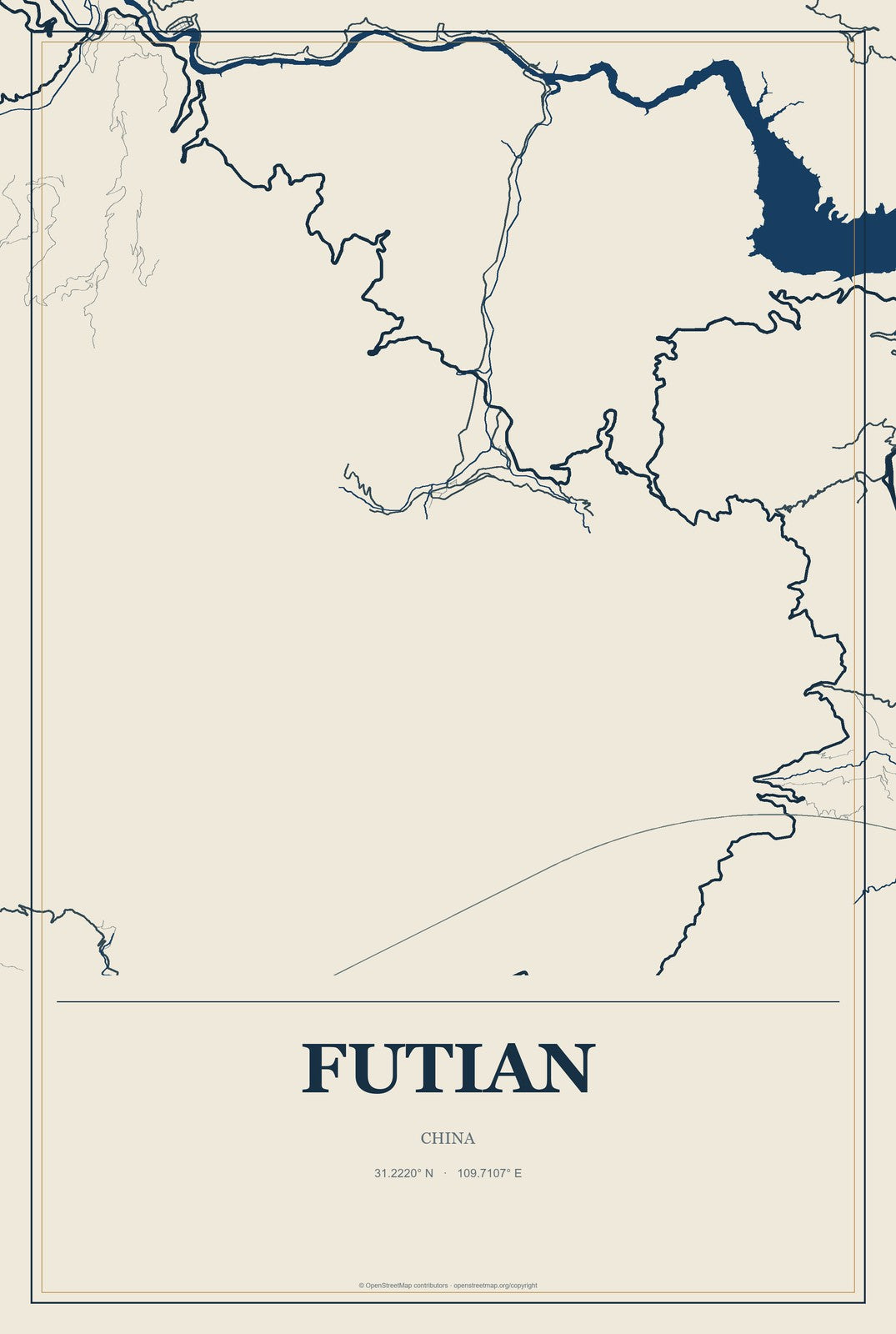 Futian, China City Map Aluminum Sign in Coastal Cutout style