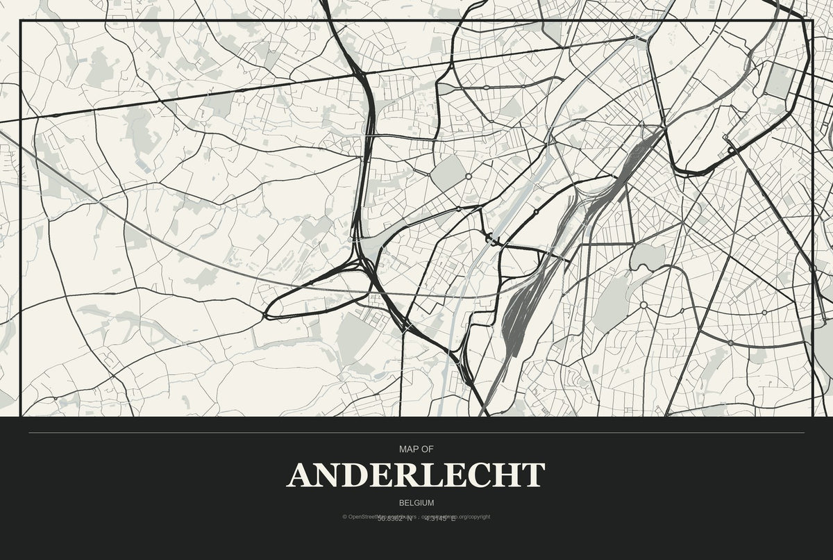 Anderlecht, Belgium City Map Aluminum Sign in Museum Plaque style