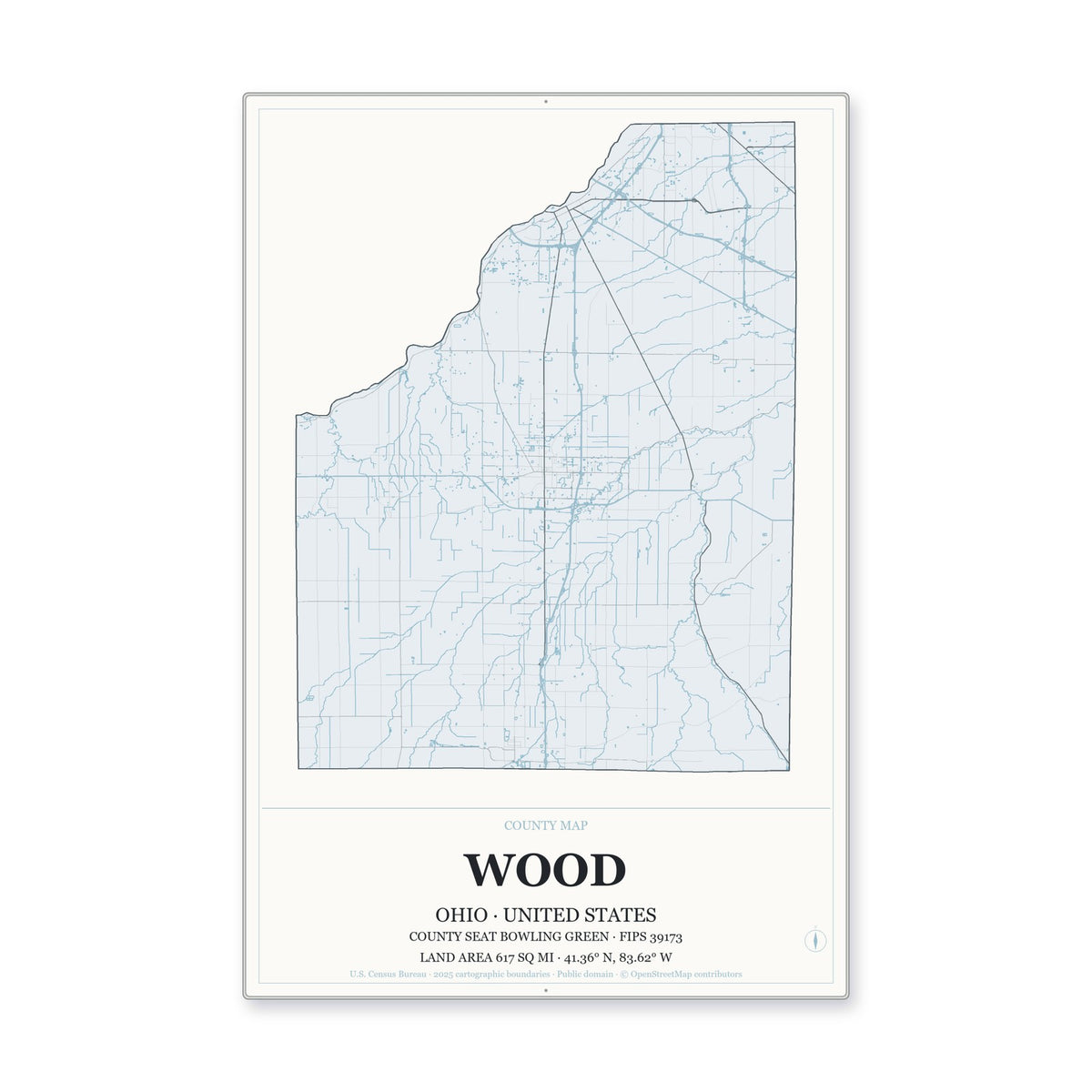 Wood County, Ohio Map Aluminum Sign in Gallery Air style