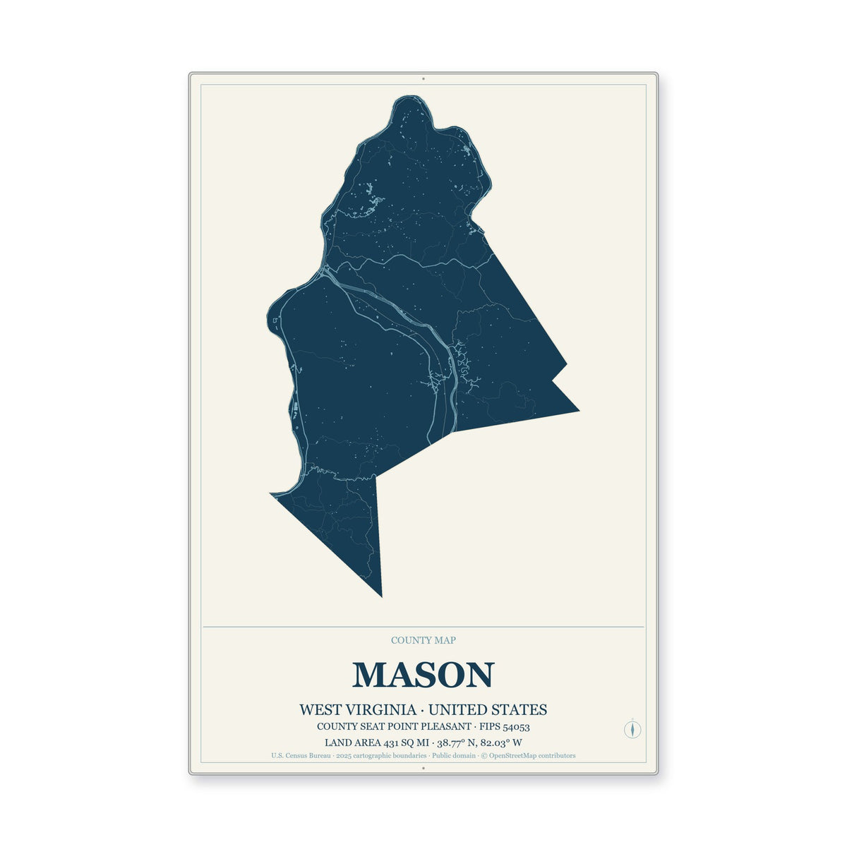 Mason County, West Virginia Map Aluminum Sign in Coastal Cutout style