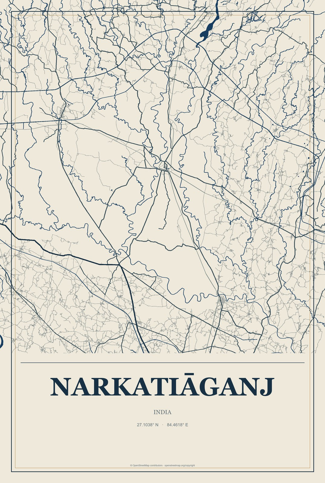Narkatiāganj, India City Map Aluminum Sign in Coastal Cutout style
