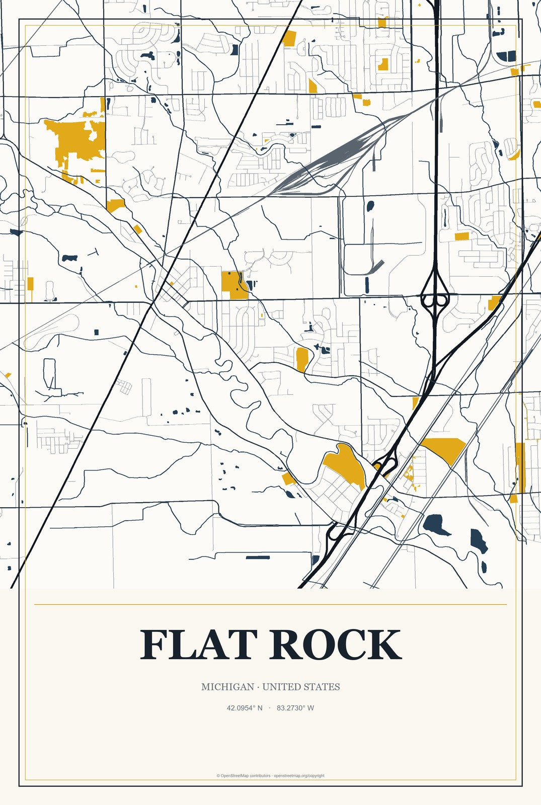 Flat Rock, Michigan City Map Aluminum Sign in Citrine Modern style