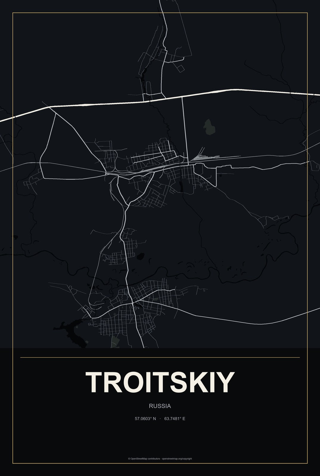 Troitskiy, Russia City Map Aluminum Sign in Metropolitan Noir style