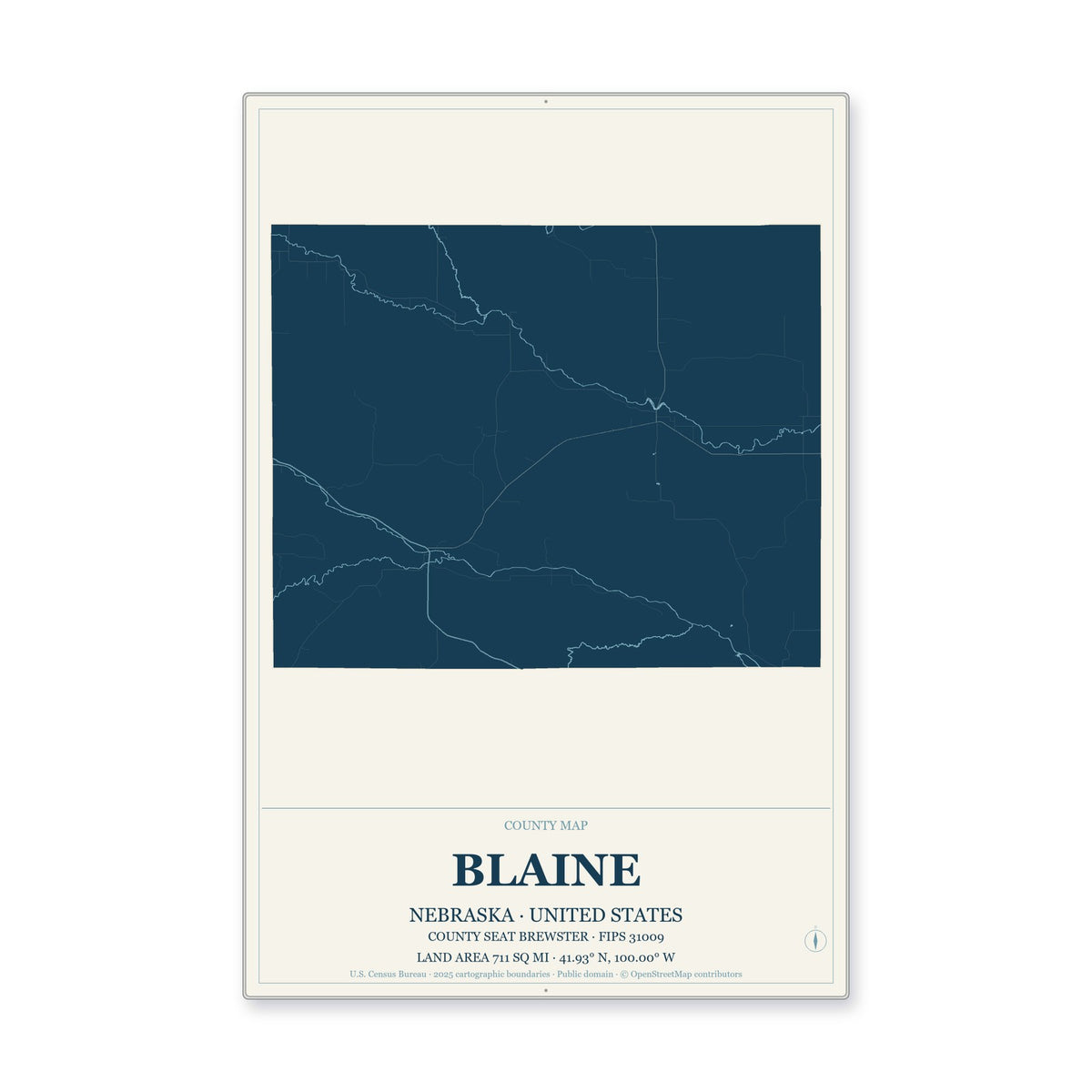Blaine County, Nebraska Map Aluminum Sign in Coastal Cutout style