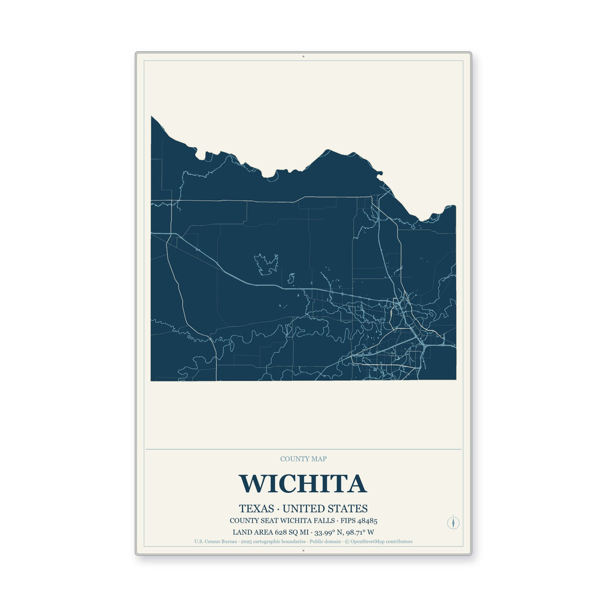 Wichita County, Texas Map Aluminum Sign in Coastal Cutout style