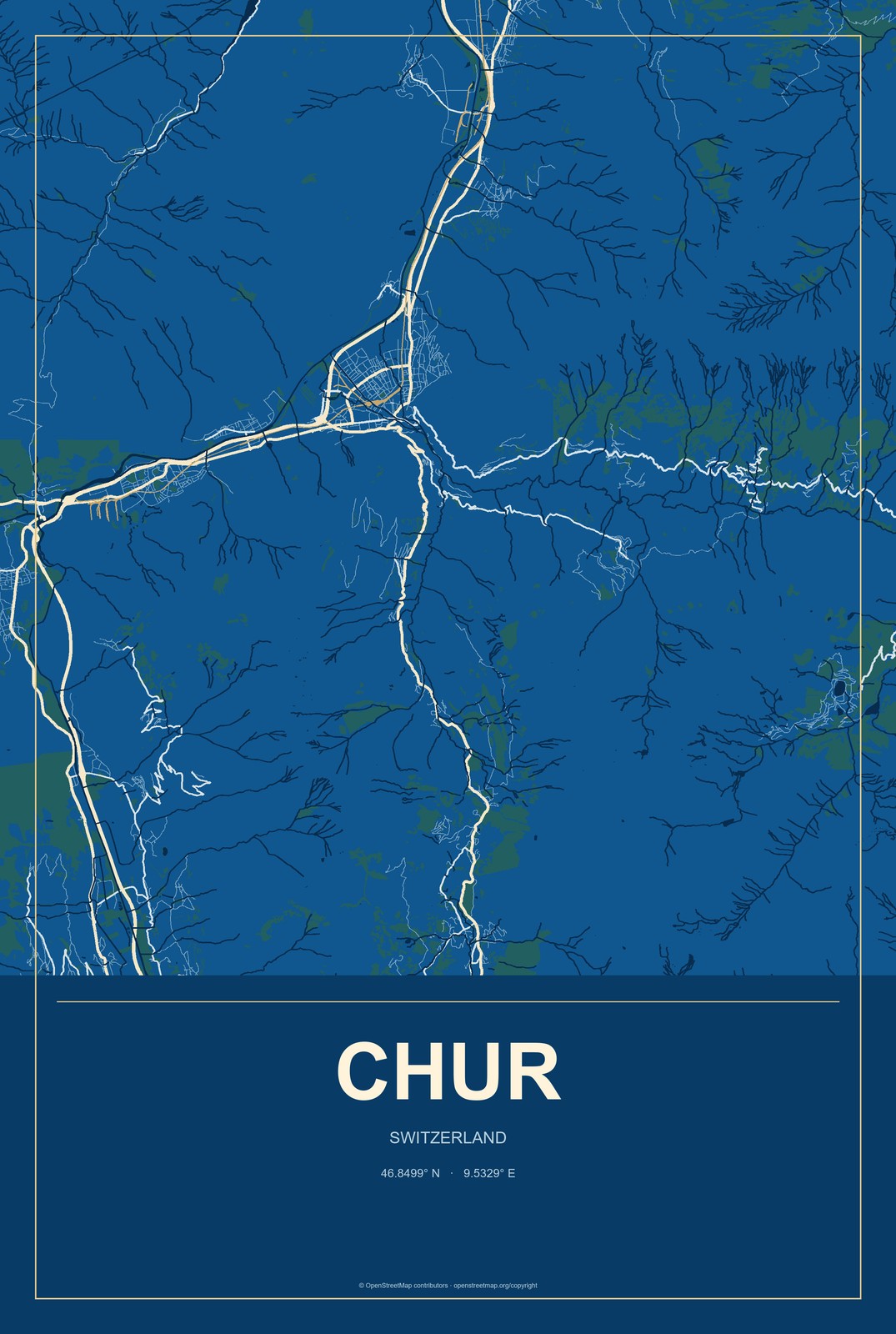 Chur, Switzerland City Map Aluminum Sign in Harbor Cobalt style