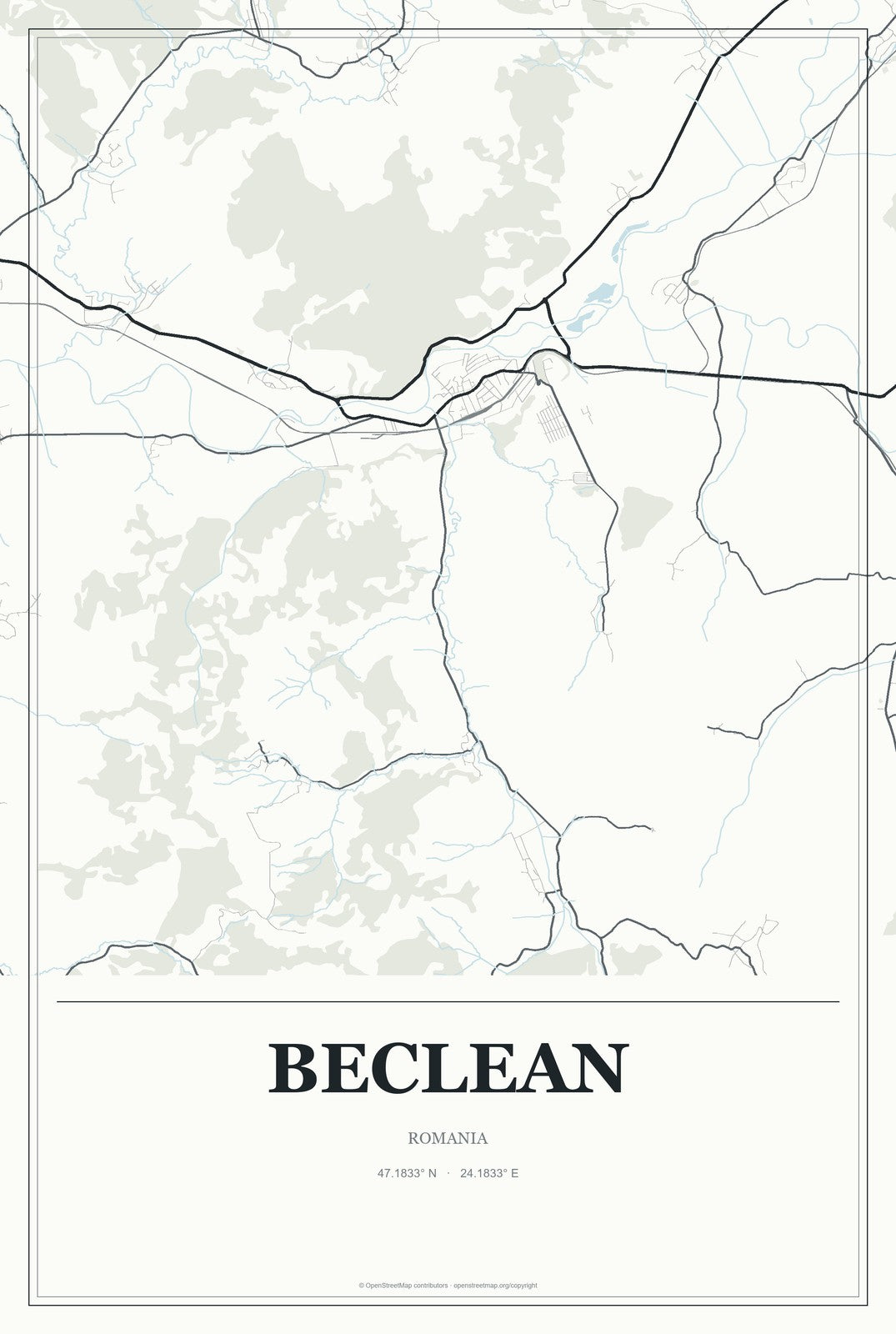 Beclean, Romania City Map Aluminum Sign in Gallery Air style