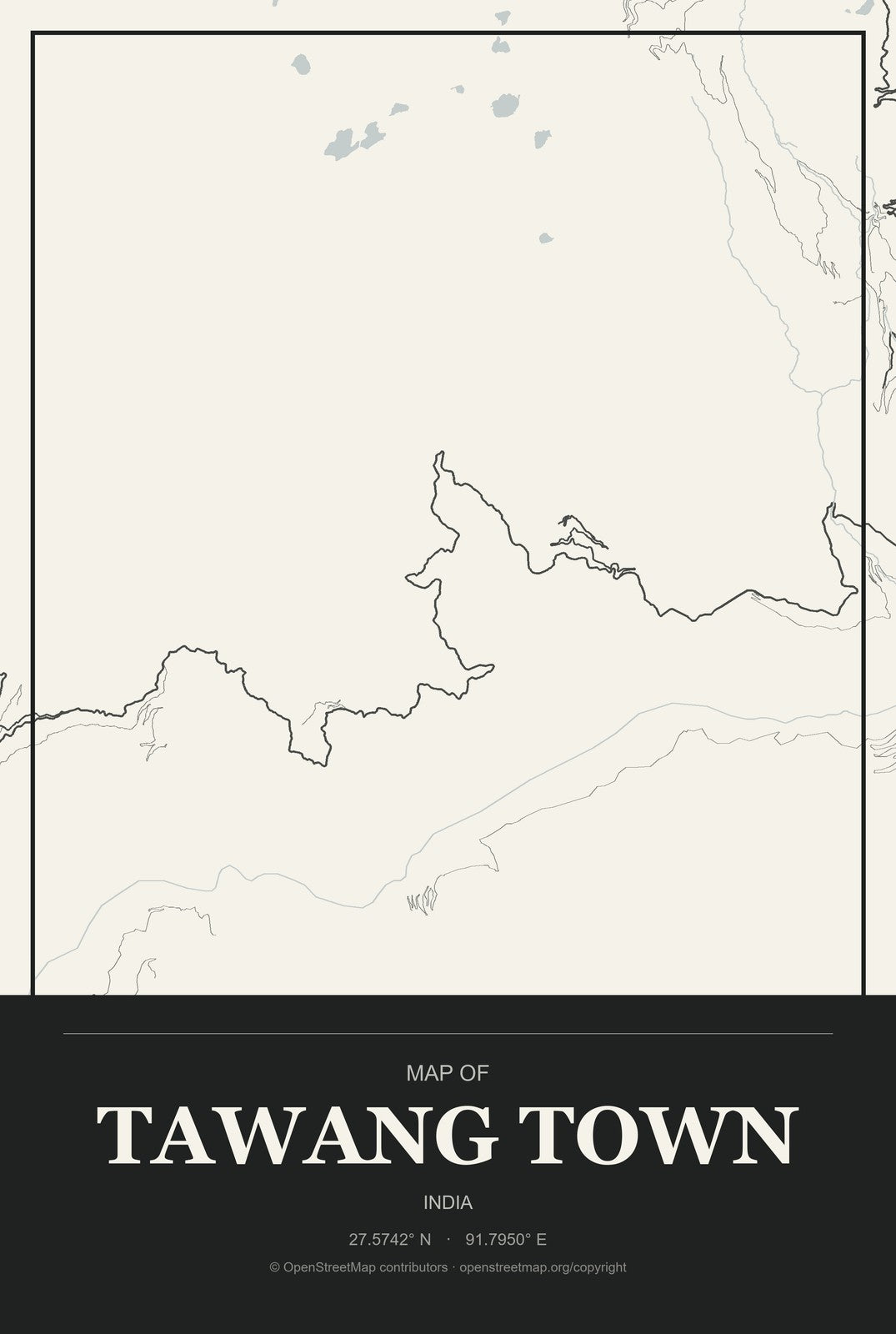 Tawang Town, India City Map Aluminum Sign in Museum Plaque style