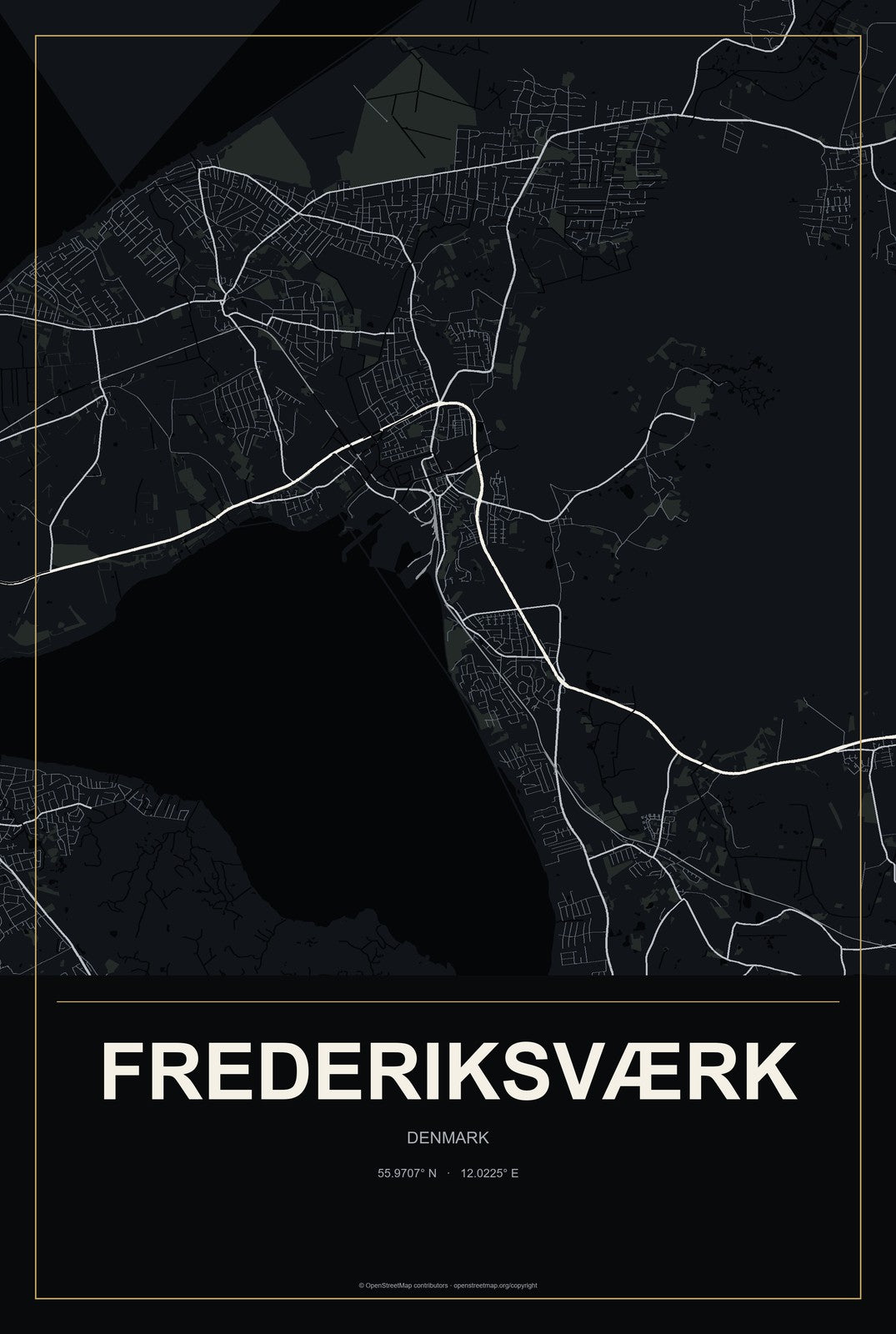 Frederiksværk, Denmark City Map Aluminum Sign in Metropolitan Noir style