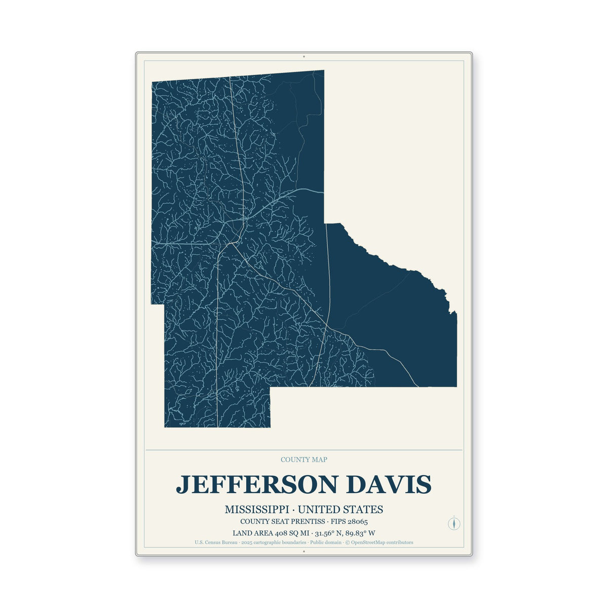Jefferson Davis County, Mississippi Map Aluminum Sign in Coastal Cutout style