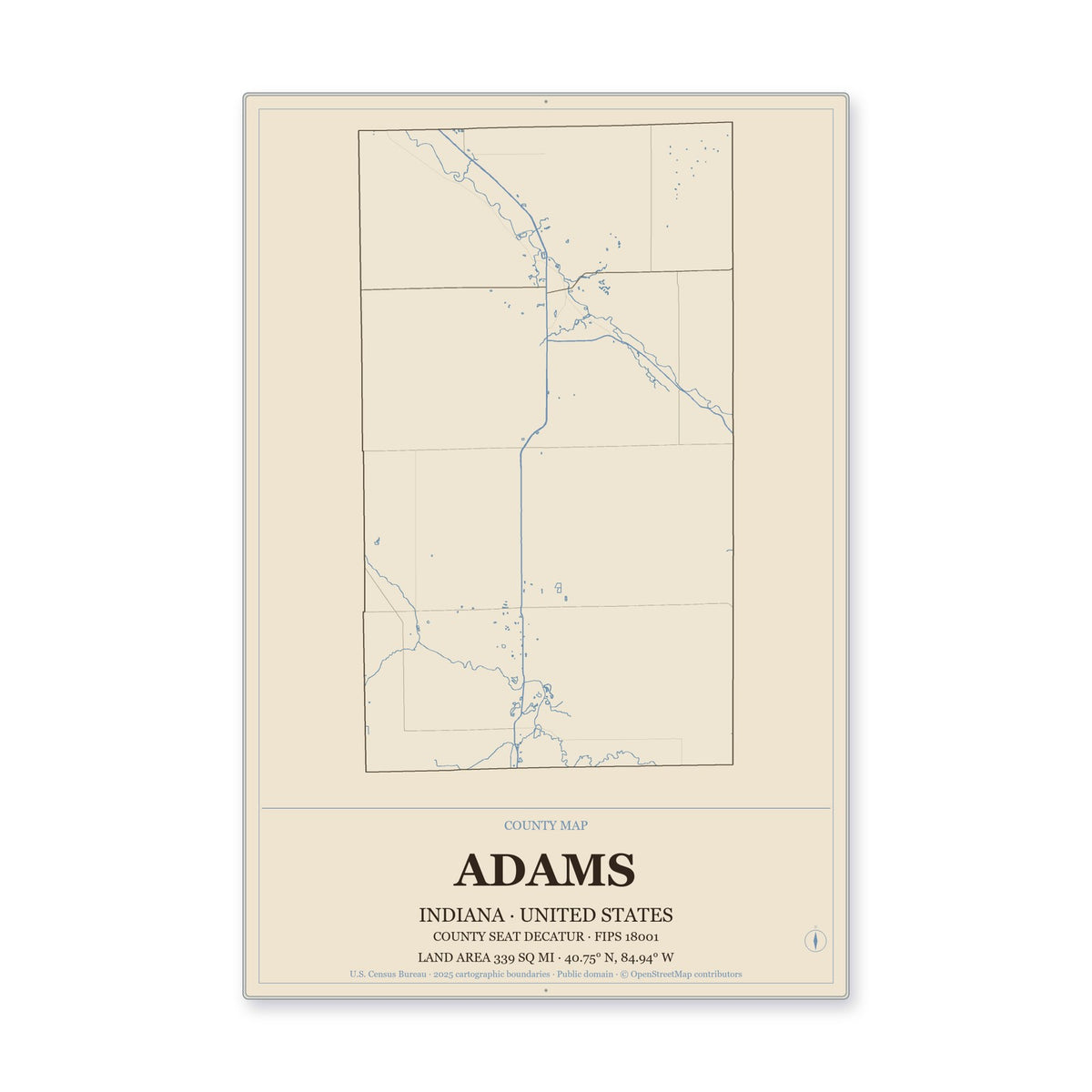 Adams County, Indiana Map Aluminum Sign in Heritage Nautical style