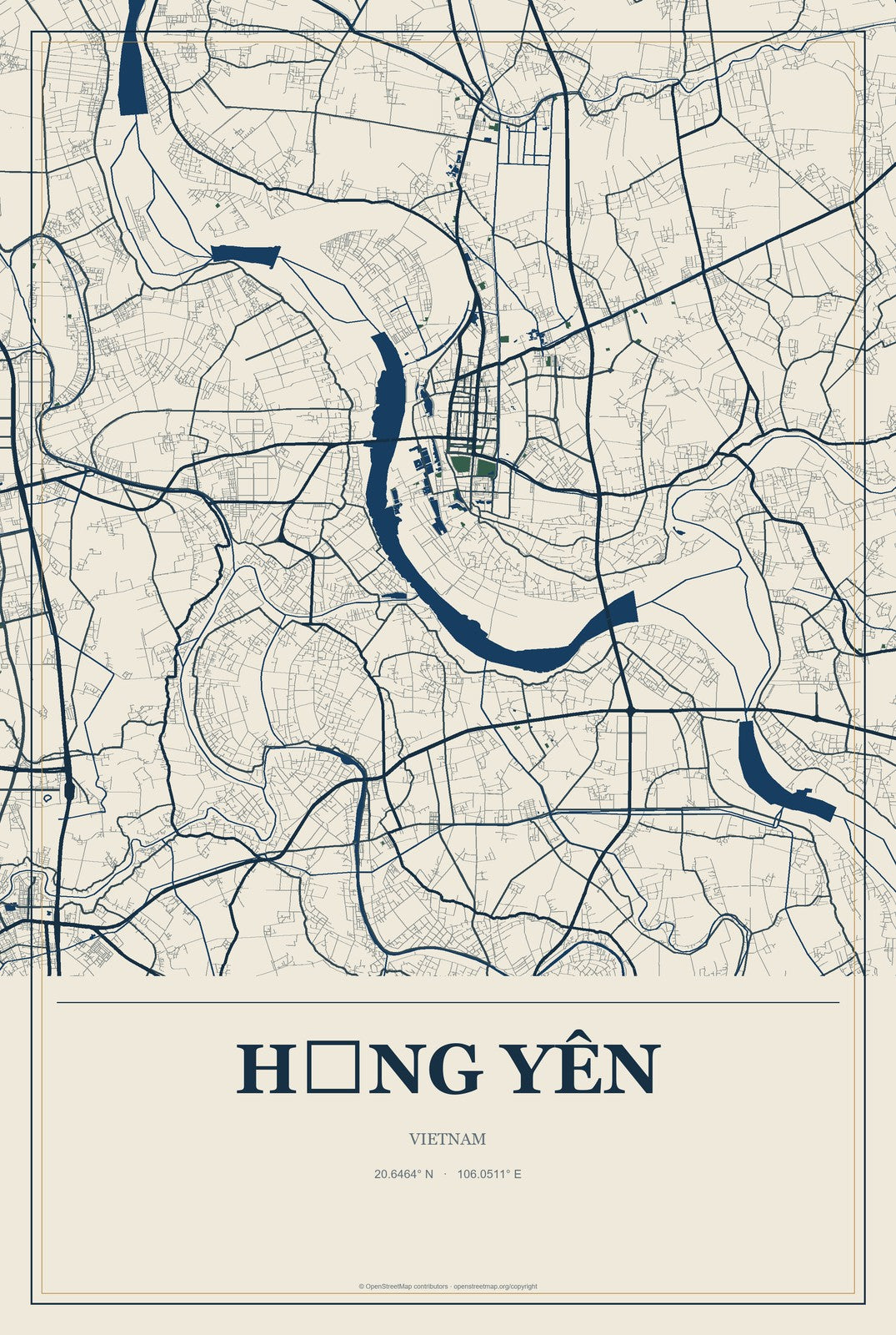 Hưng Yên, Vietnam City Map Aluminum Sign in Coastal Cutout style