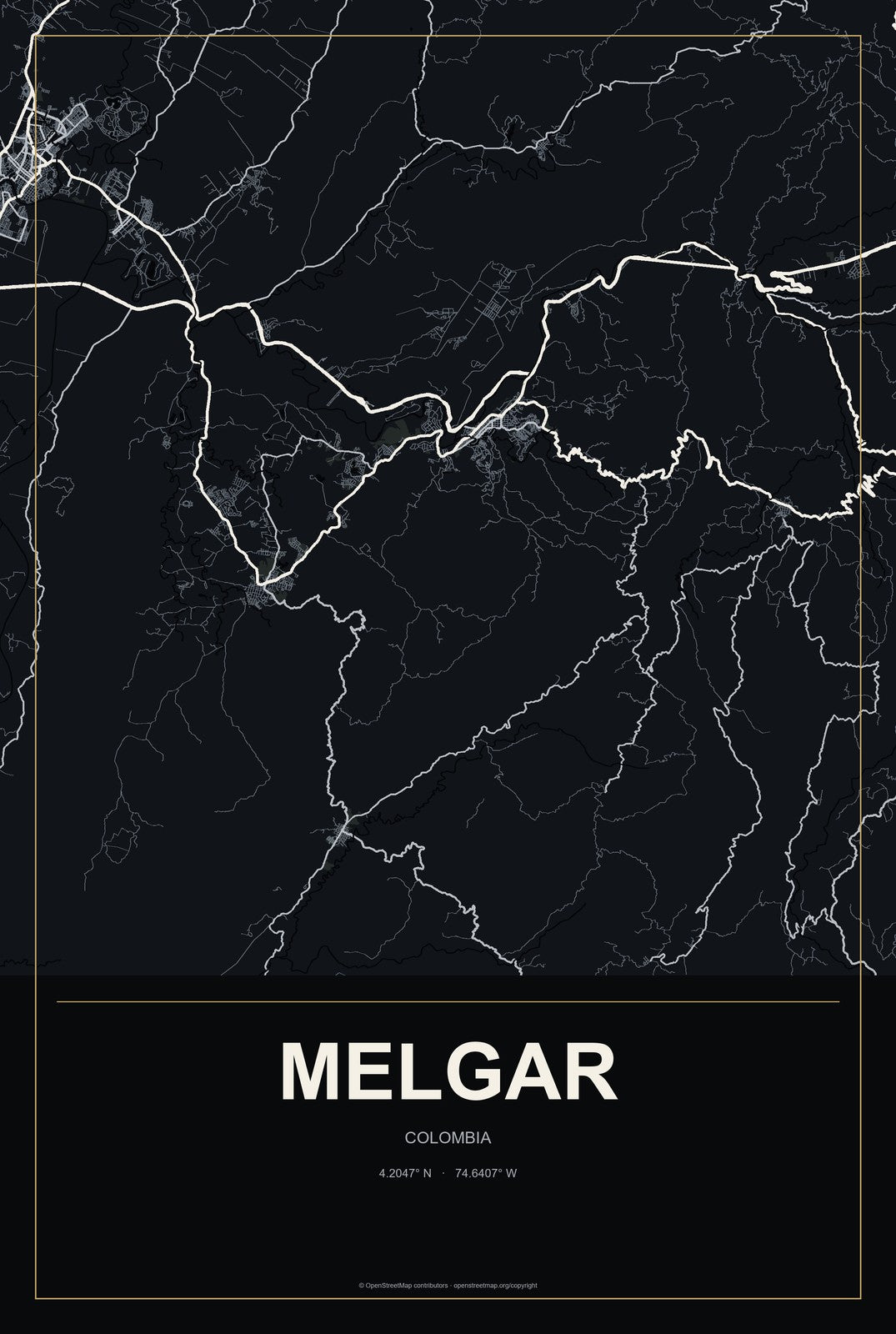 Melgar, Colombia City Map Aluminum Sign in Metropolitan Noir style