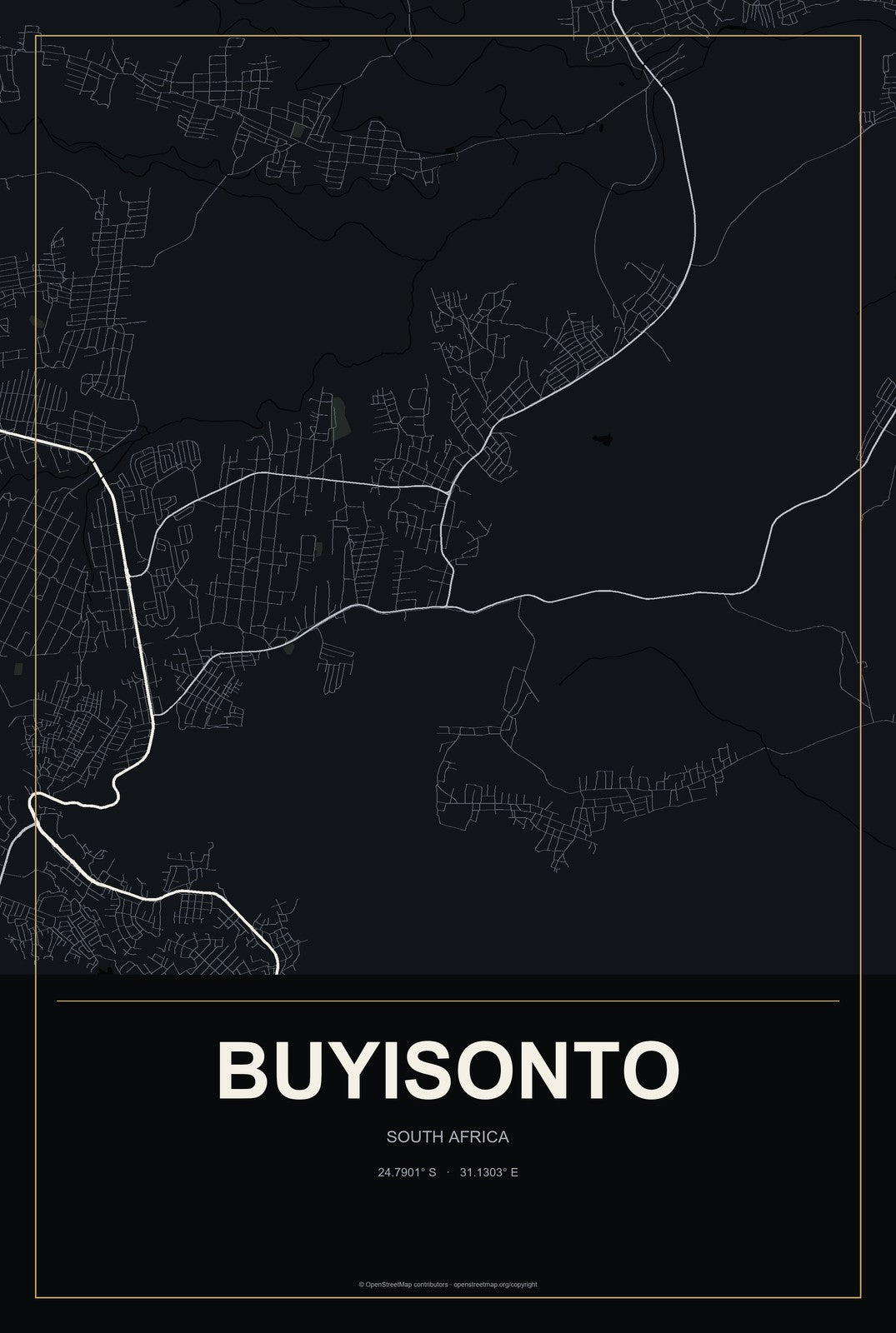 Buyisonto, South Africa City Map Aluminum Sign in Metropolitan Noir style